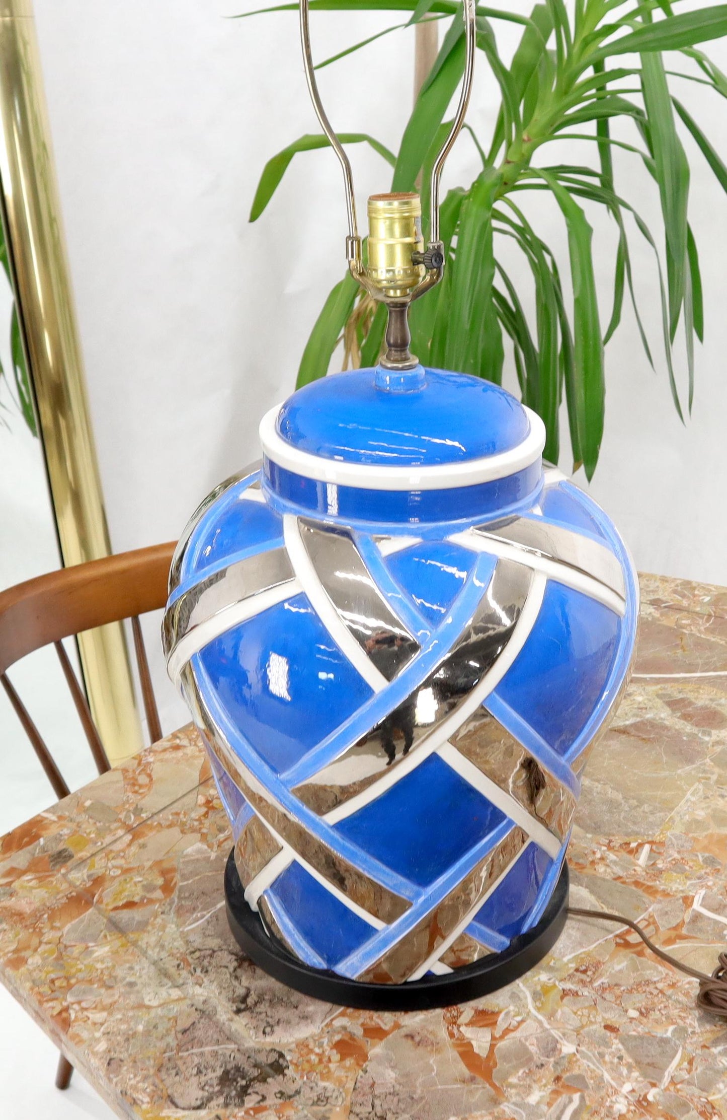 EstablishedLines Mid-Century Modern Large Oversize Glazed Pottery Table lamp Blue and Chrome