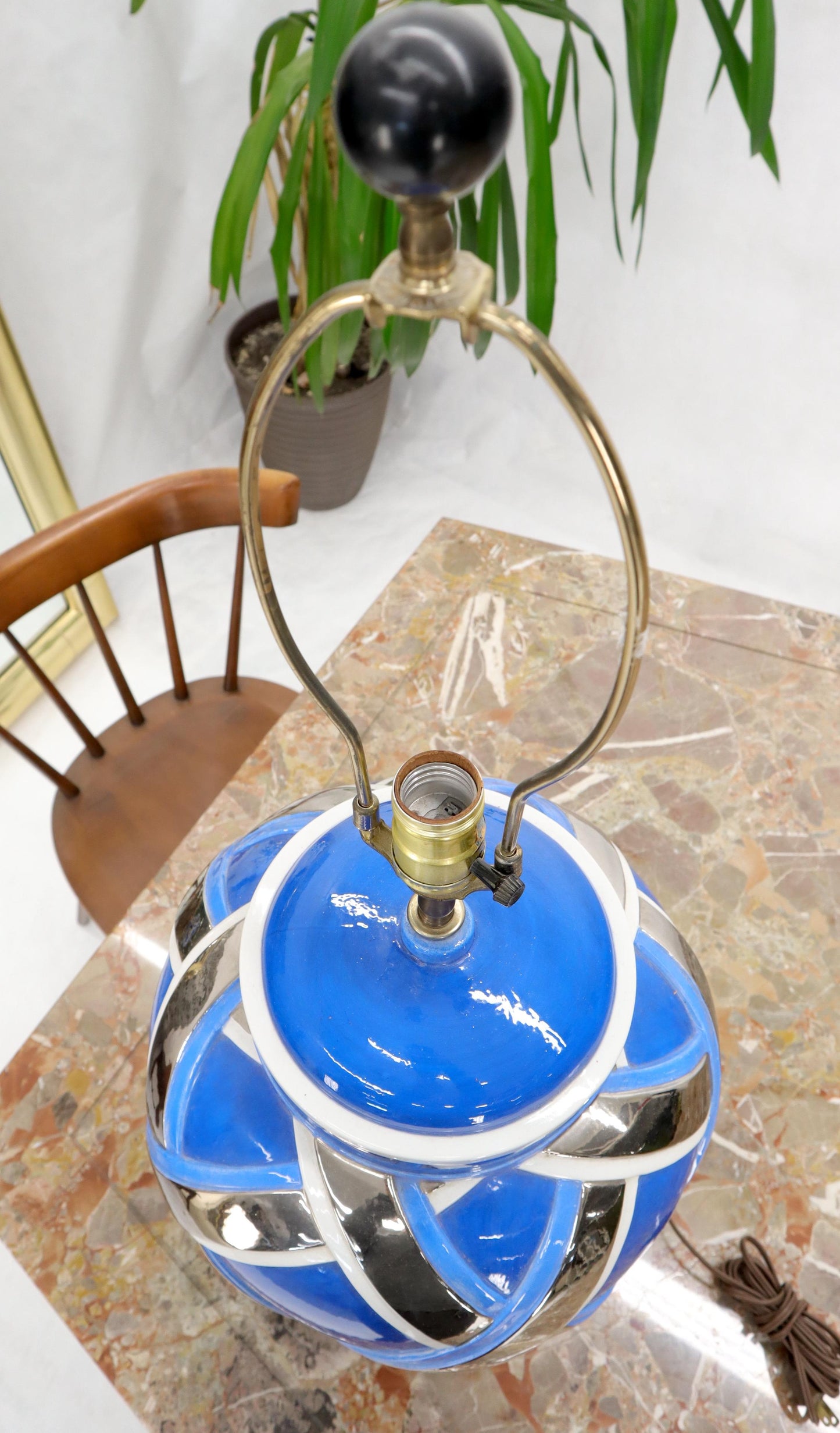 EstablishedLines Mid-Century Modern Large Oversize Glazed Pottery Table lamp Blue and Chrome