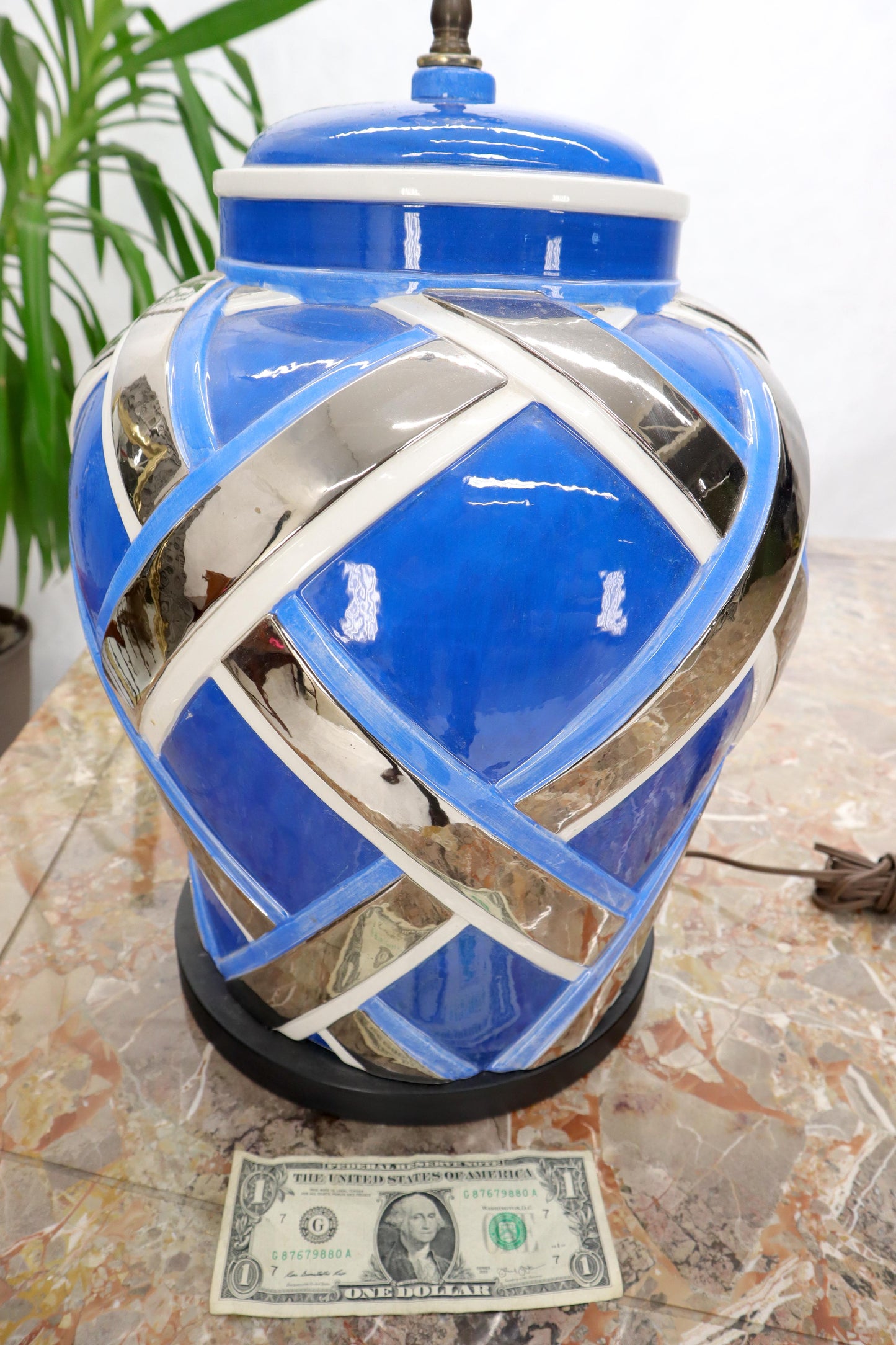 EstablishedLines Mid-Century Modern Large Oversize Glazed Pottery Table lamp Blue and Chrome