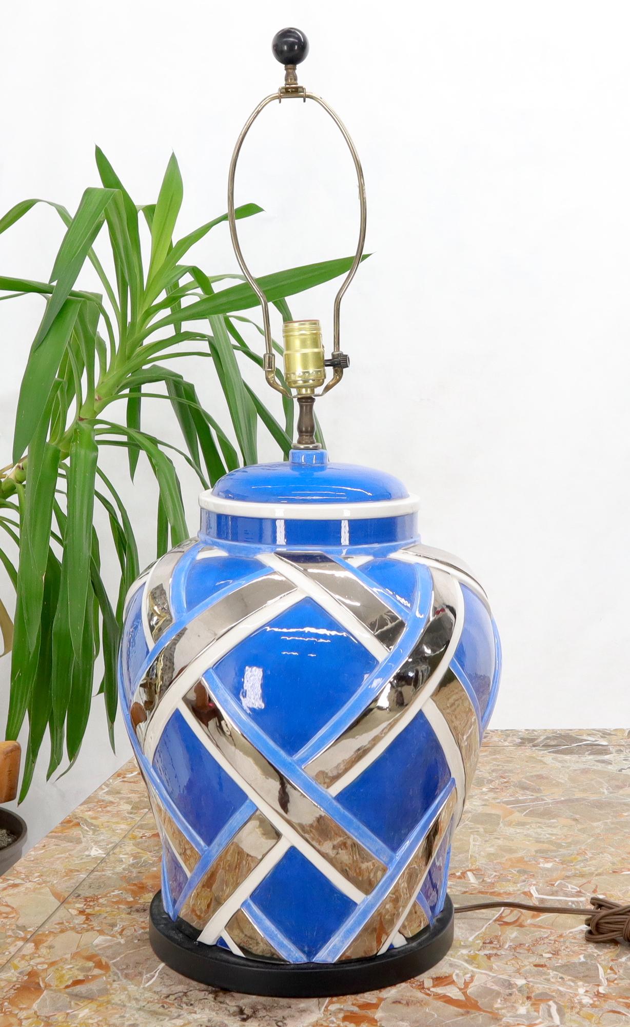 EstablishedLines Mid-Century Modern Large Oversize Glazed Pottery Table lamp Blue and Chrome