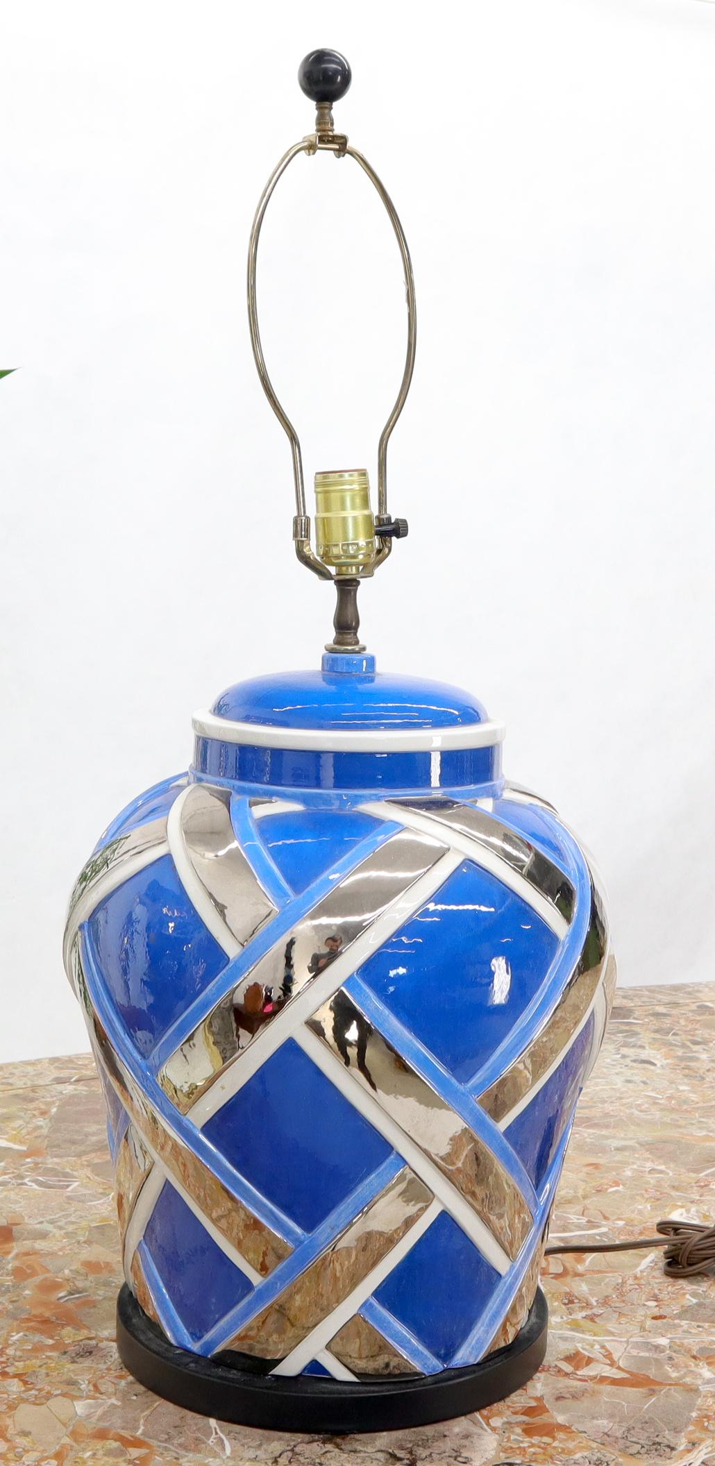 EstablishedLines Mid-Century Modern Large Oversize Glazed Pottery Table lamp Blue and Chrome