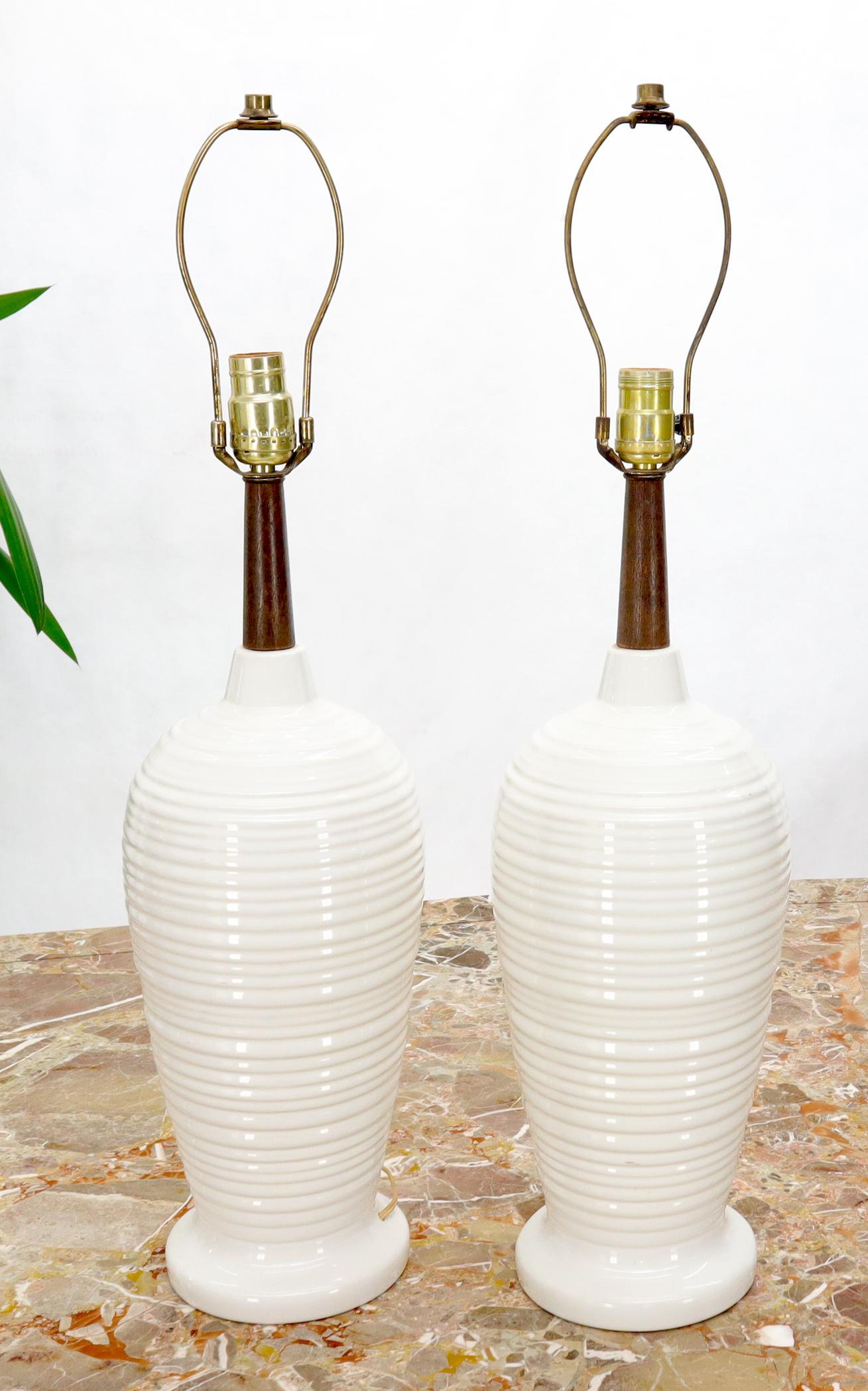 EstablishedLines Pair of Vase Shape Glazed Ceramic Pottery Walnut Table Lamps