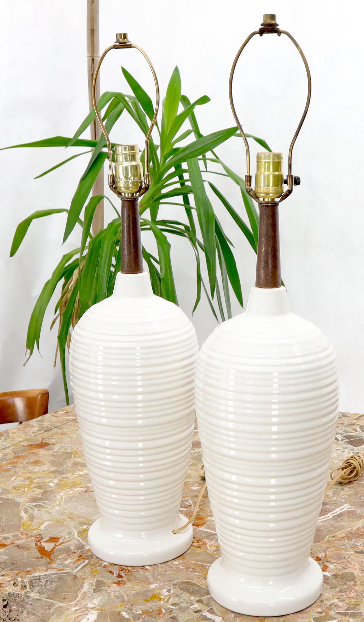 EstablishedLines Pair of Vase Shape Glazed Ceramic Pottery Walnut Table Lamps