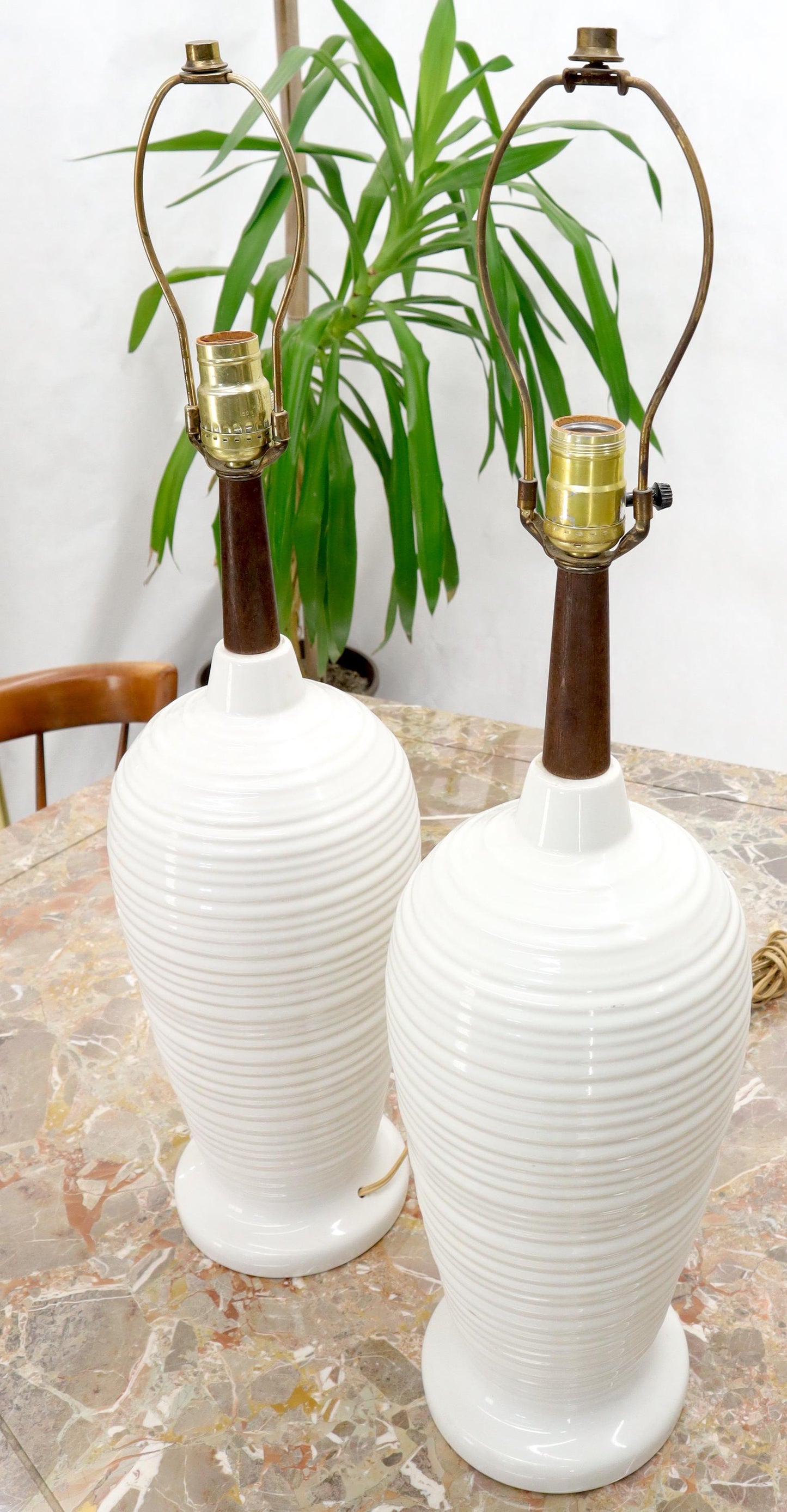 EstablishedLines Pair of Vase Shape Glazed Ceramic Pottery Walnut Table Lamps