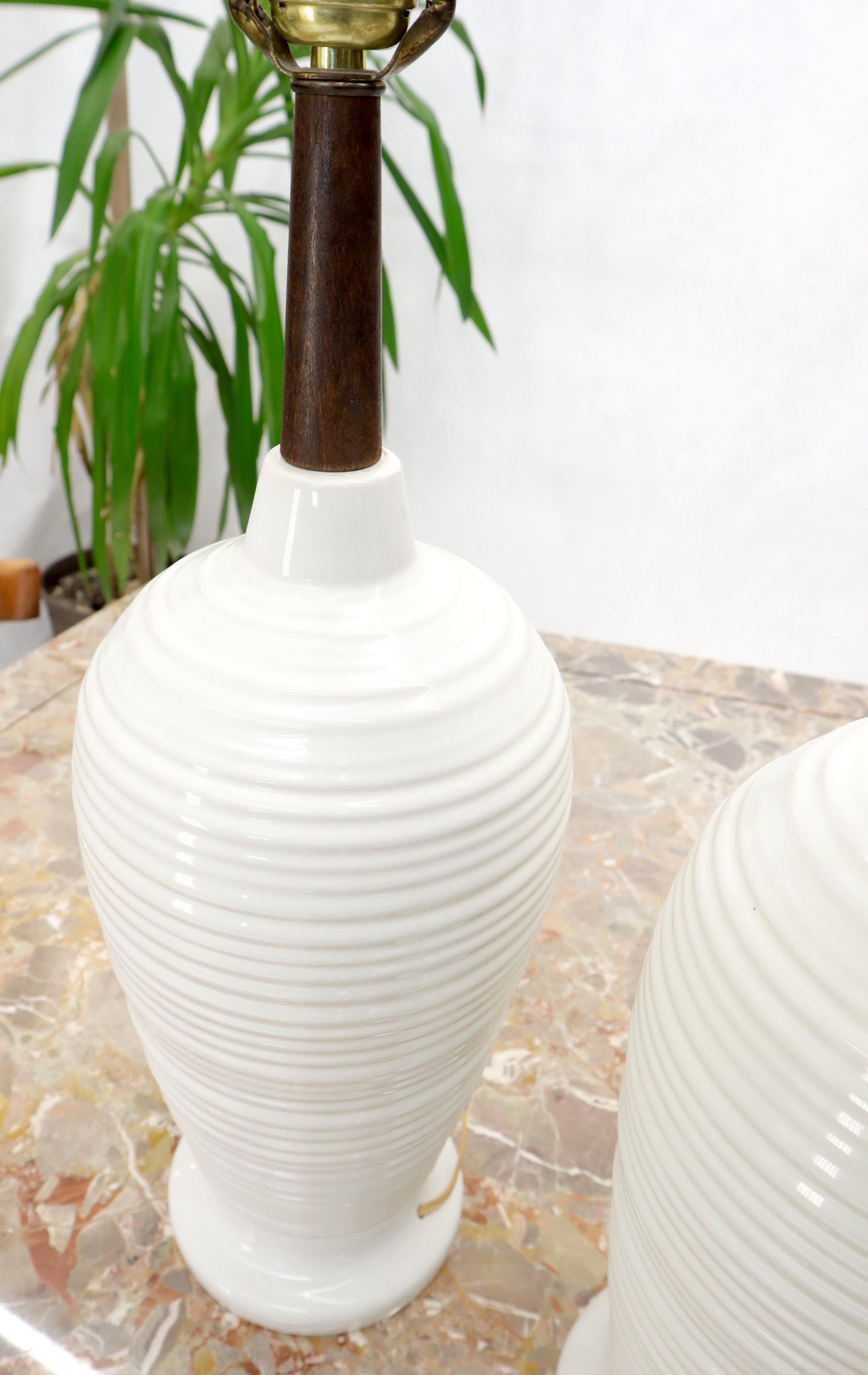 EstablishedLines Pair of Vase Shape Glazed Ceramic Pottery Walnut Table Lamps