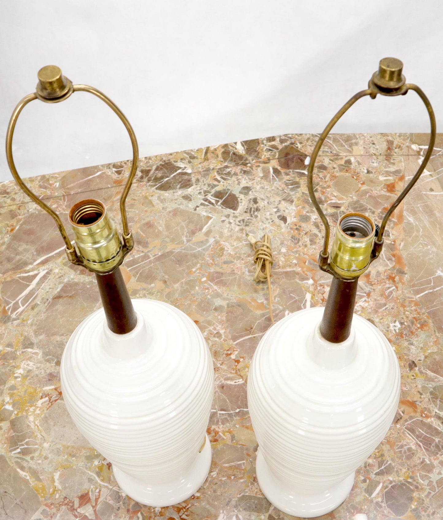 EstablishedLines Pair of Vase Shape Glazed Ceramic Pottery Walnut Table Lamps