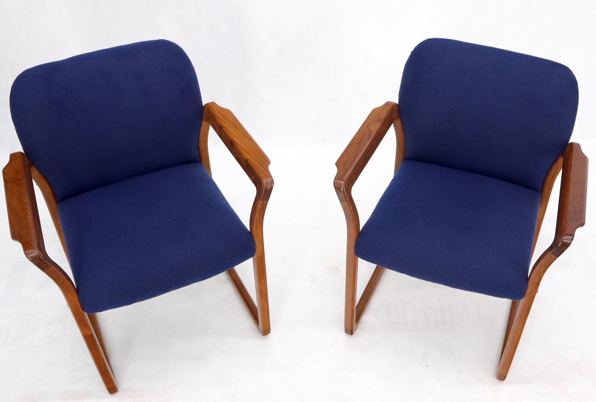 EstablishedLines Pair of Danish Mid-Century Modern Teak Arms Chairs New Wool Upholstery