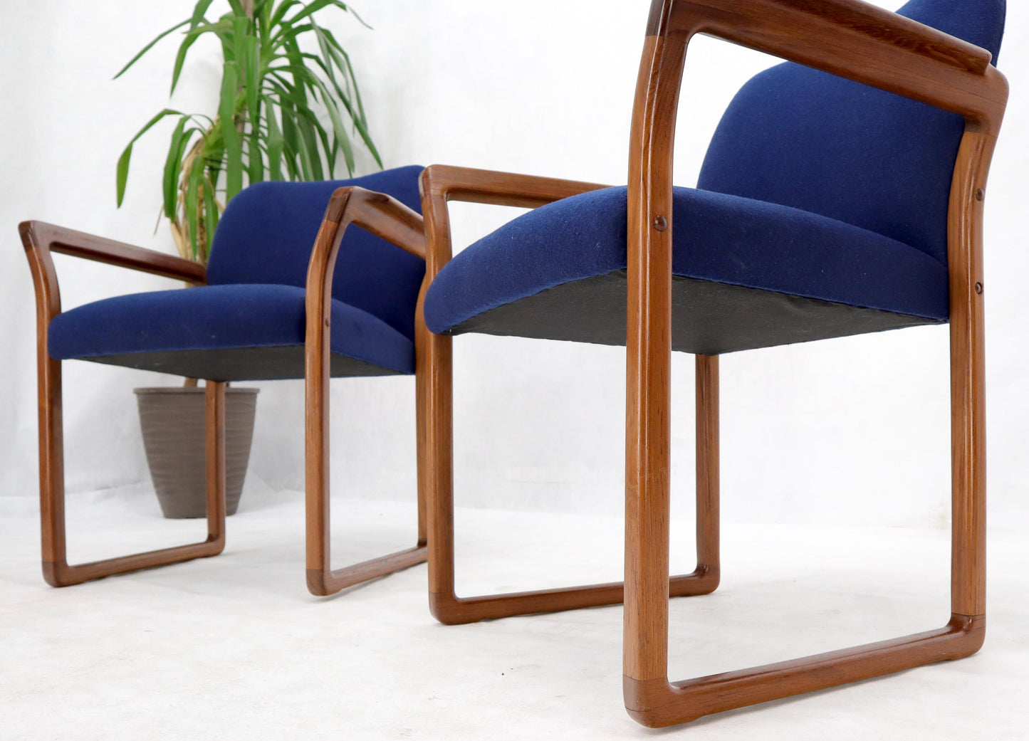 EstablishedLines Pair of Danish Mid-Century Modern Teak Arms Chairs New Wool Upholstery