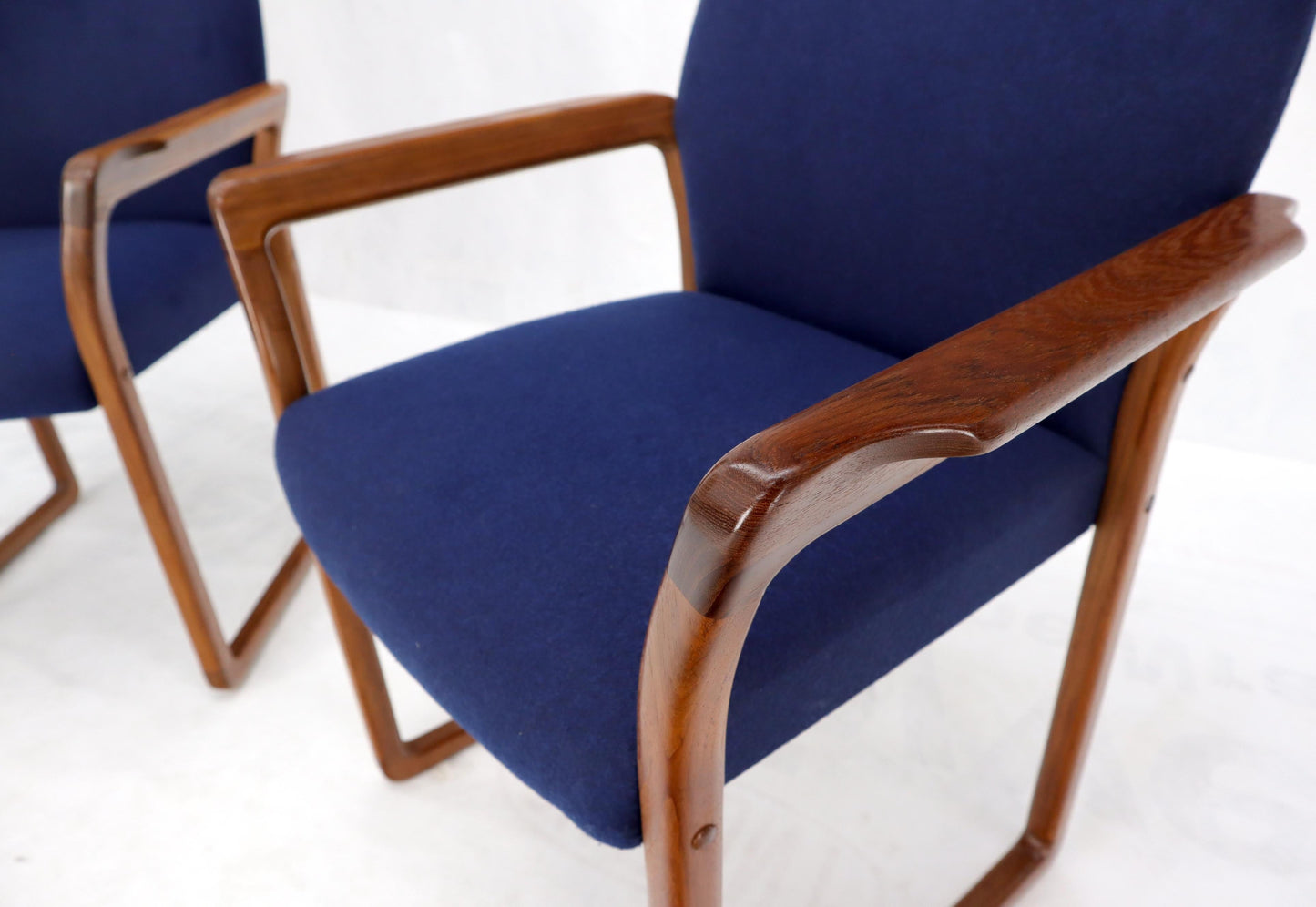 EstablishedLines Pair of Danish Mid-Century Modern Teak Arms Chairs New Wool Upholstery
