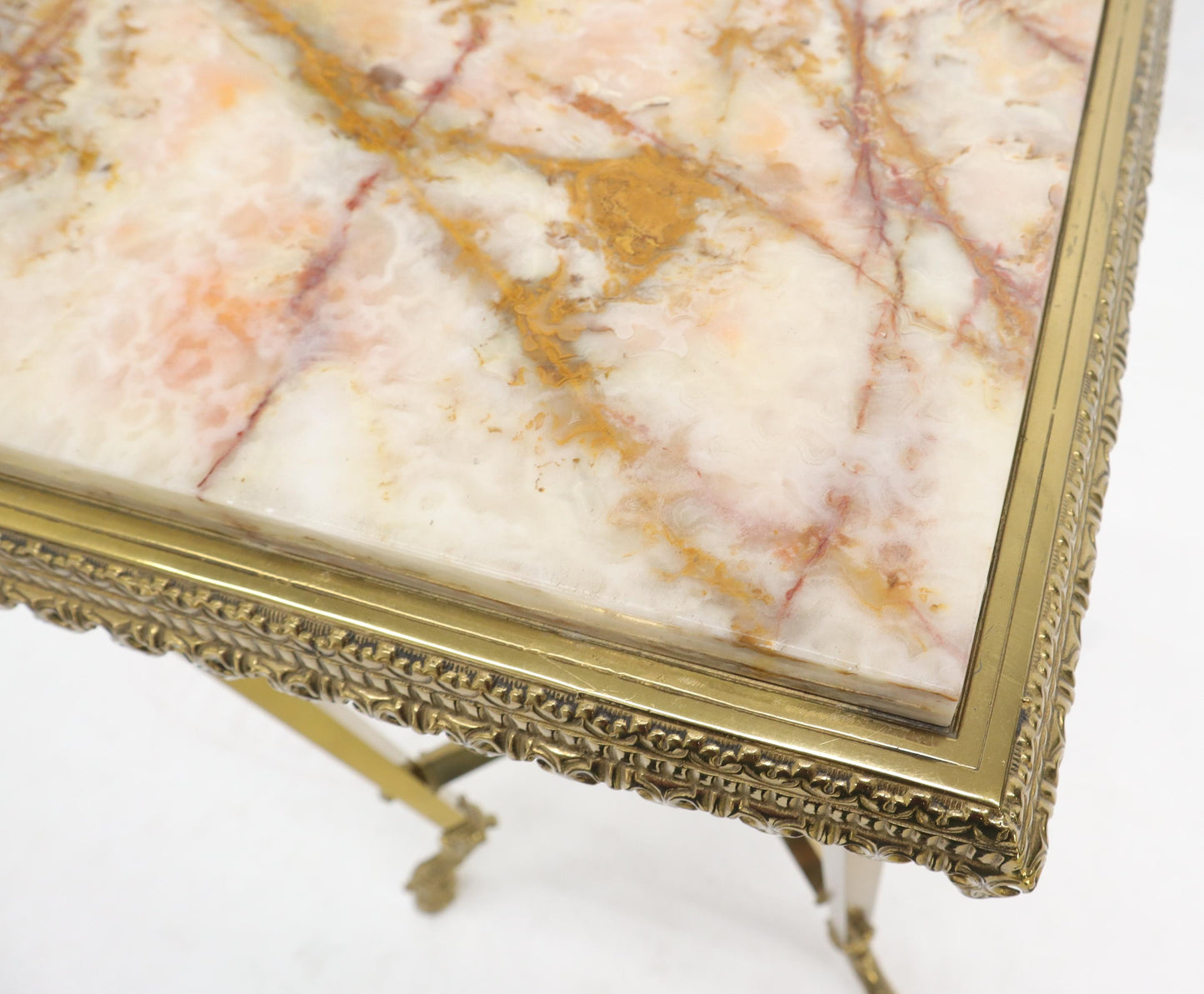 EstablishedLines Square Solid Brass Onyx Marble Top Stand Pedestal Hoof Feet X-Stretcher Finial