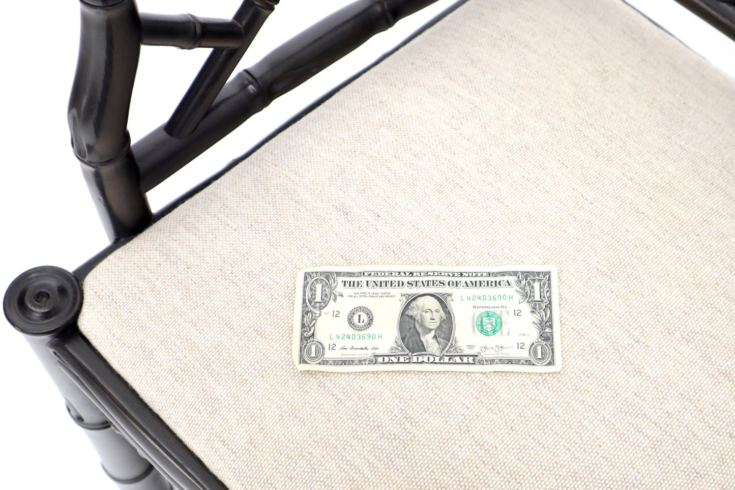 EstablishedLines Pair of Ebonized Faux Bamboo Armchairs with New Linen Fabric Upholstery