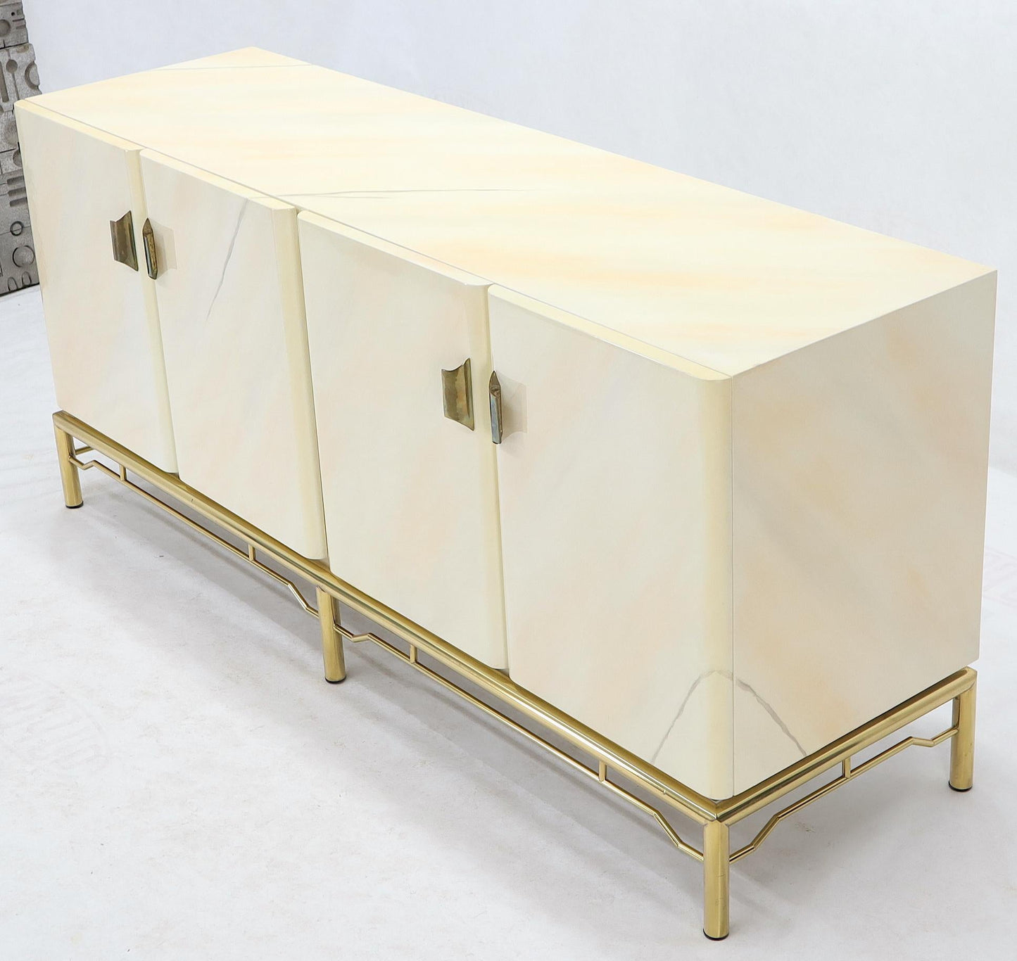 EstablishedLines Mid-Century Modern White Lacquer Faux Finish Door 4 Doors Credenza on Brass Base