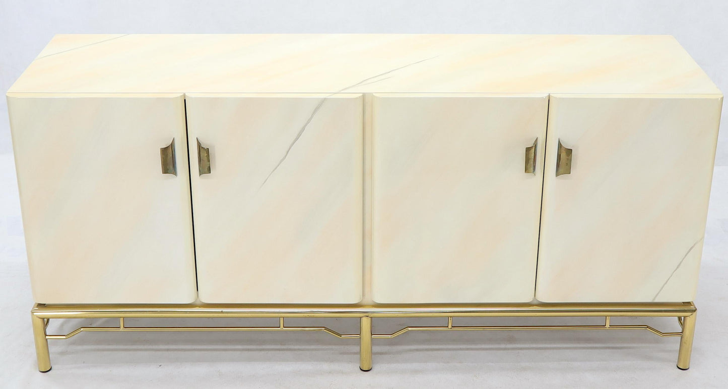 EstablishedLines Mid-Century Modern White Lacquer Faux Finish Door 4 Doors Credenza on Brass Base