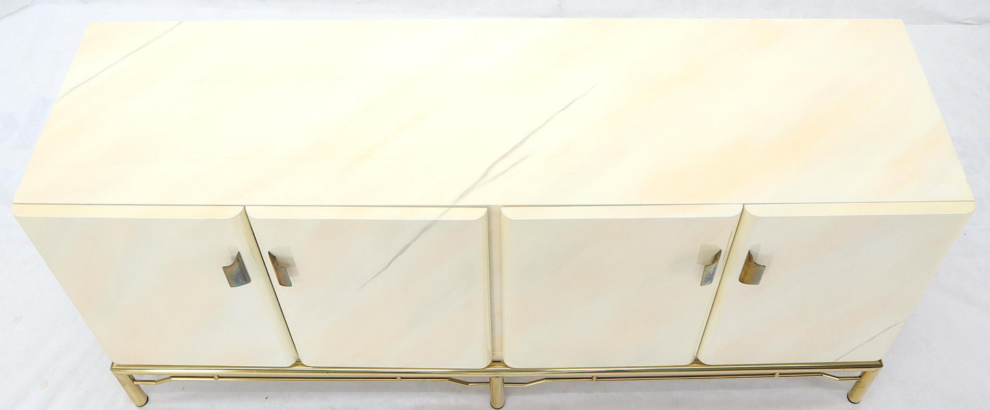 EstablishedLines Mid-Century Modern White Lacquer Faux Finish Door 4 Doors Credenza on Brass Base