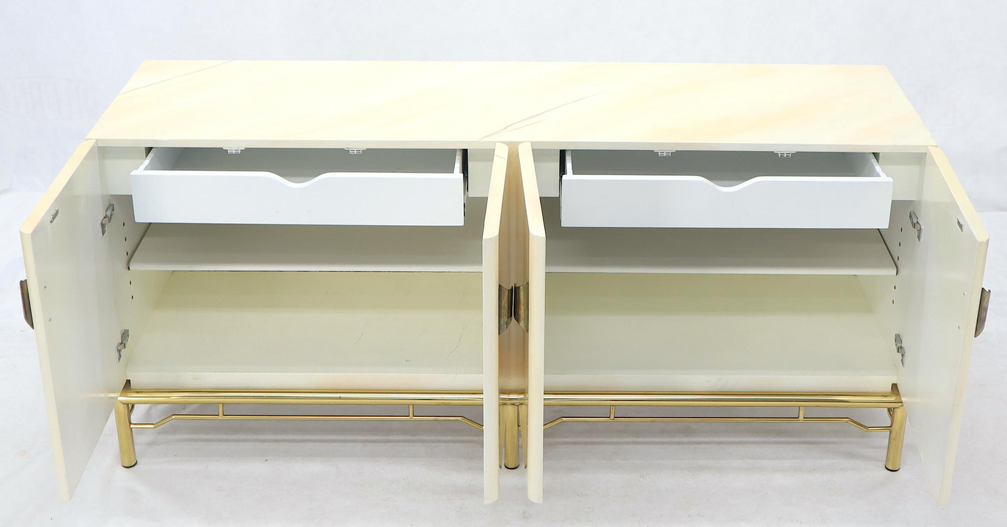 EstablishedLines Mid-Century Modern White Lacquer Faux Finish Door 4 Doors Credenza on Brass Base