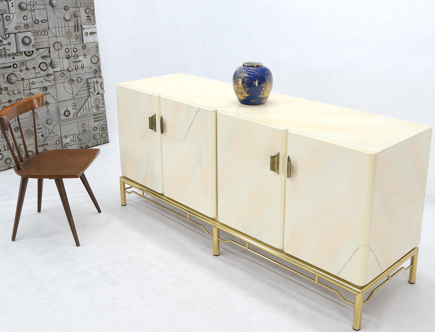 EstablishedLines Mid-Century Modern White Lacquer Faux Finish Door 4 Doors Credenza on Brass Base