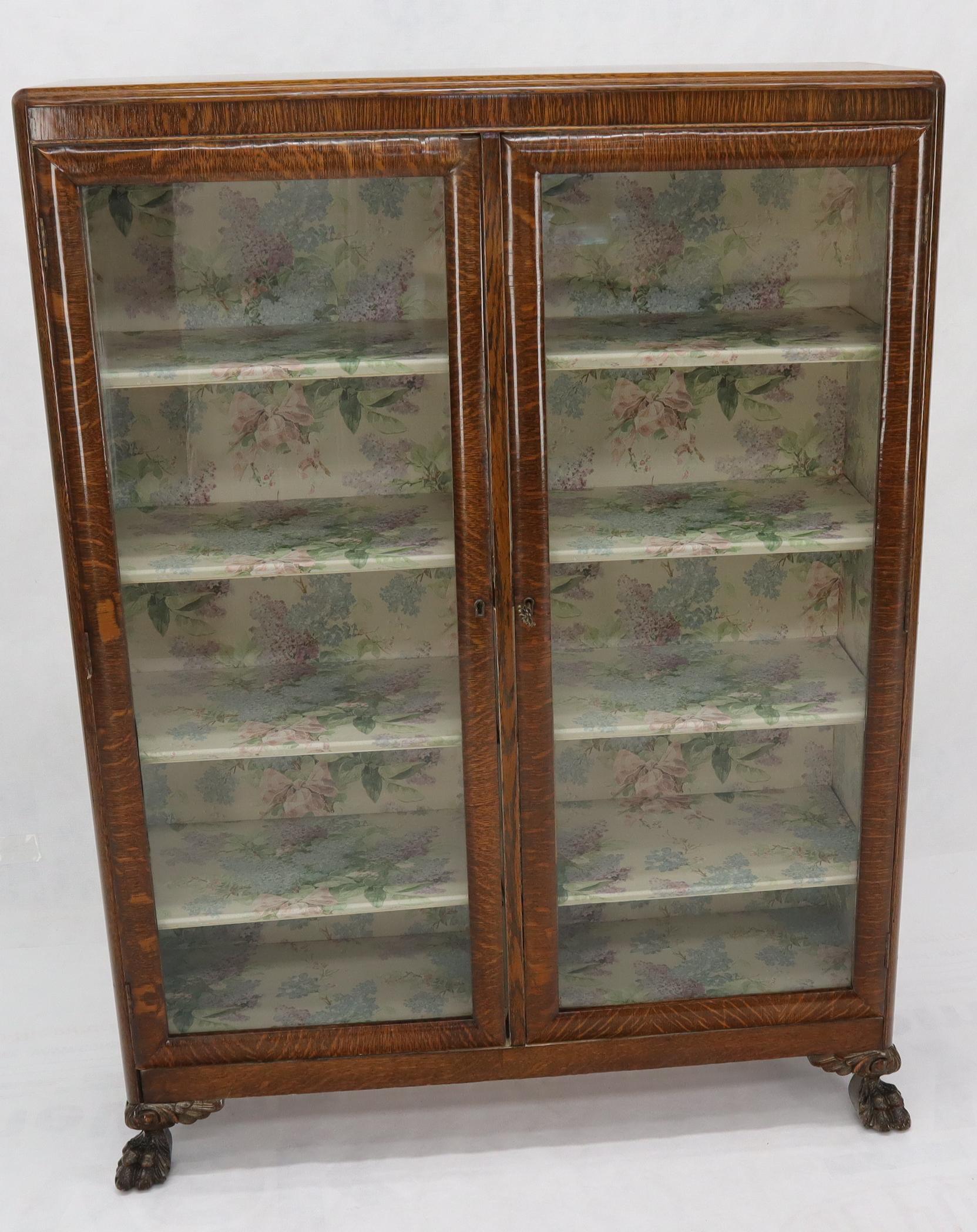 EstablishedLines Claw Feet Tiger Oak Double Door Bookcase Curio Cabinet Wallpaper Interior