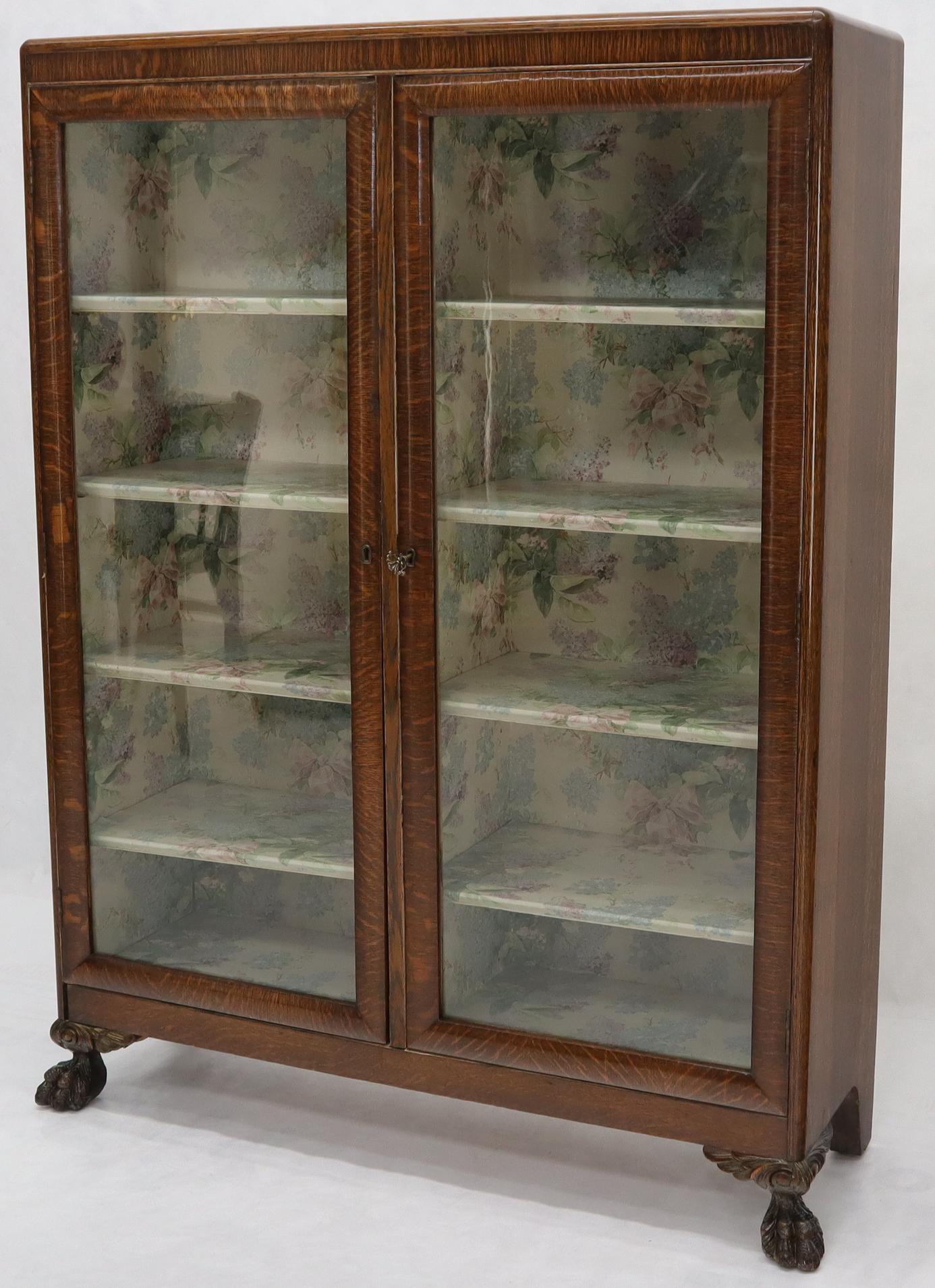 EstablishedLines Claw Feet Tiger Oak Double Door Bookcase Curio Cabinet Wallpaper Interior