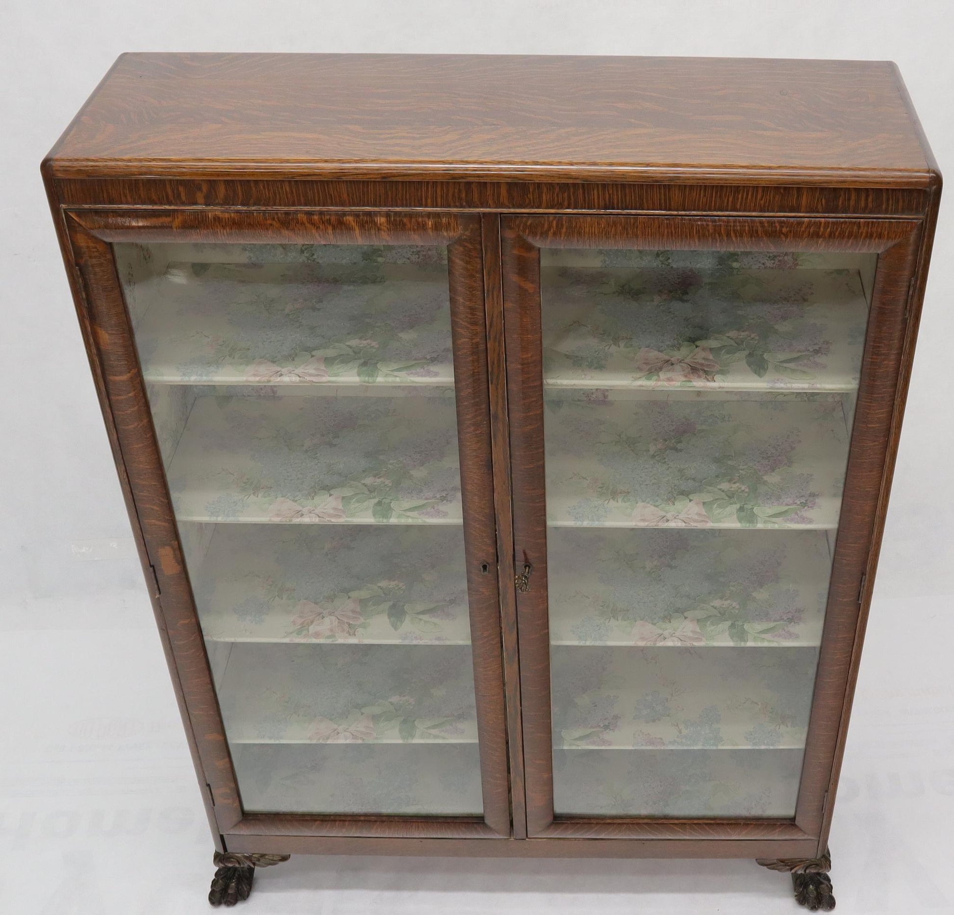 EstablishedLines Claw Feet Tiger Oak Double Door Bookcase Curio Cabinet Wallpaper Interior