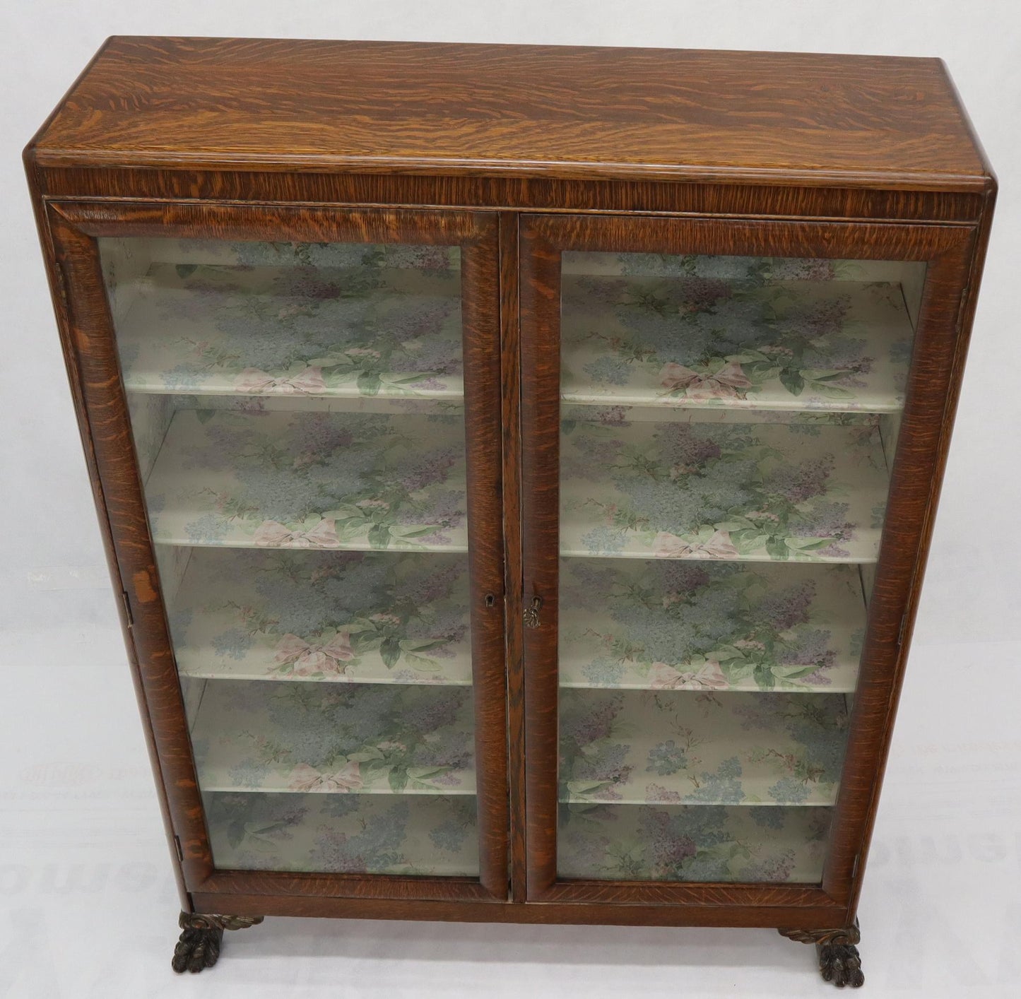 EstablishedLines Claw Feet Tiger Oak Double Door Bookcase Curio Cabinet Wallpaper Interior