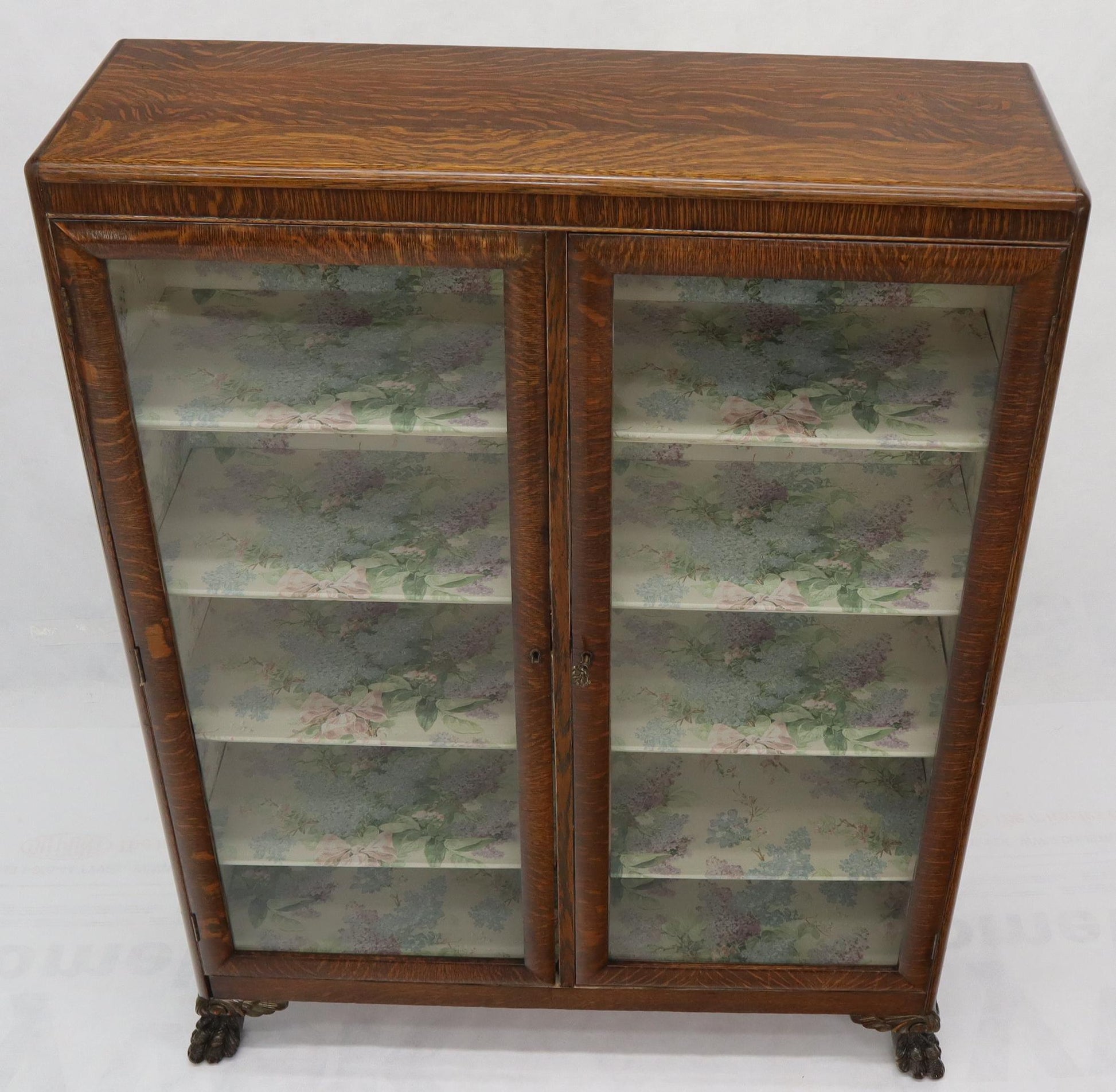 EstablishedLines Claw Feet Tiger Oak Double Door Bookcase Curio Cabinet Wallpaper Interior