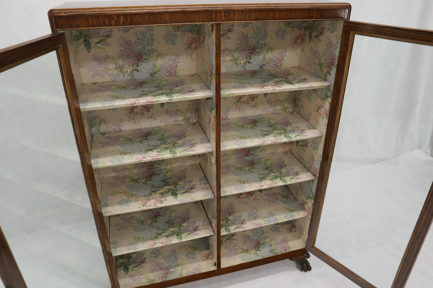 EstablishedLines Claw Feet Tiger Oak Double Door Bookcase Curio Cabinet Wallpaper Interior