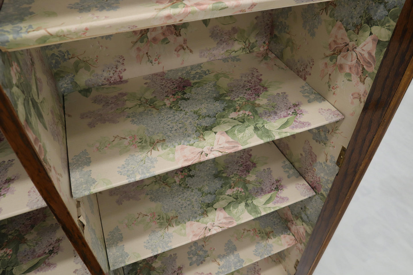 EstablishedLines Claw Feet Tiger Oak Double Door Bookcase Curio Cabinet Wallpaper Interior