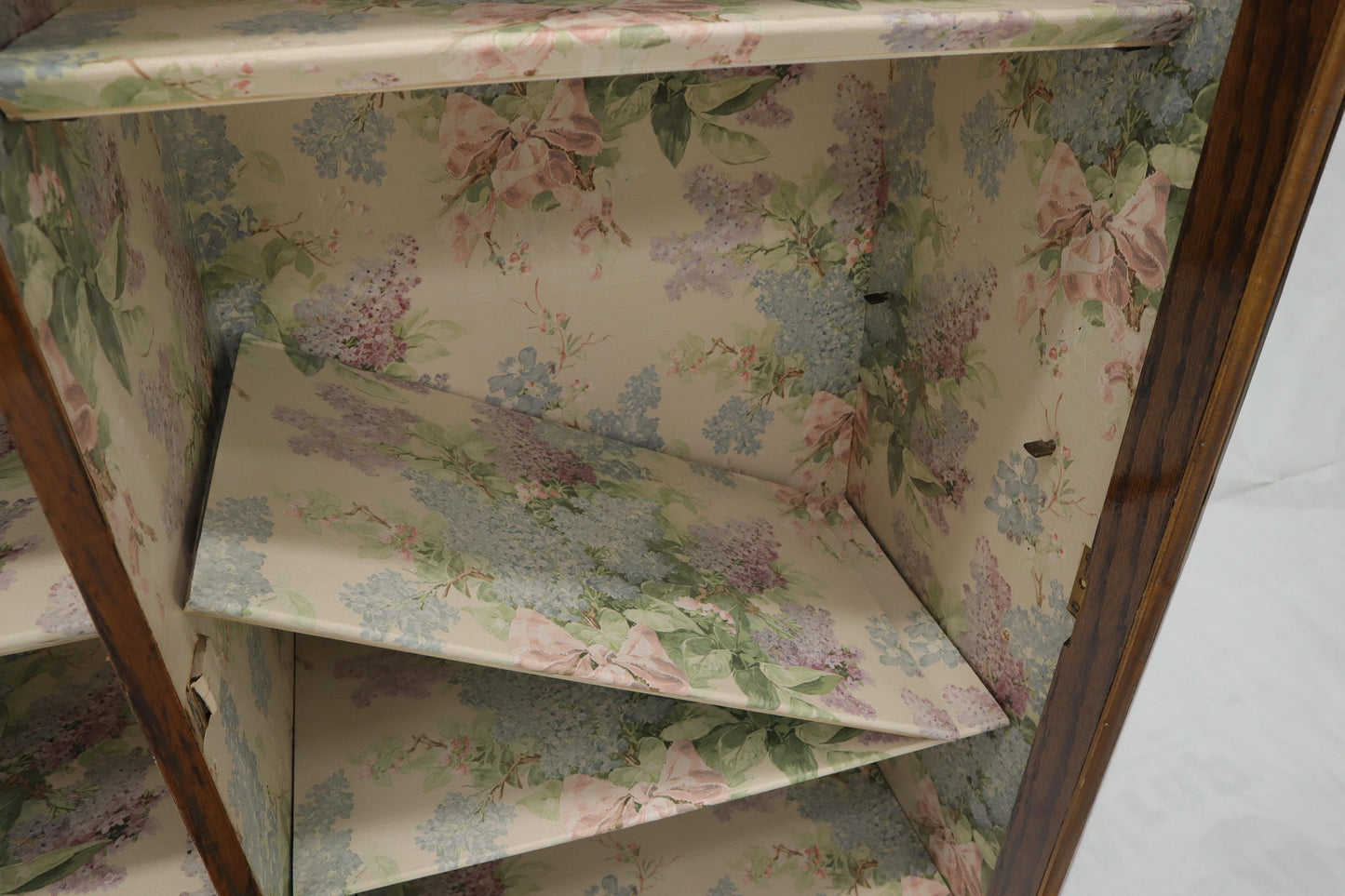 EstablishedLines Claw Feet Tiger Oak Double Door Bookcase Curio Cabinet Wallpaper Interior