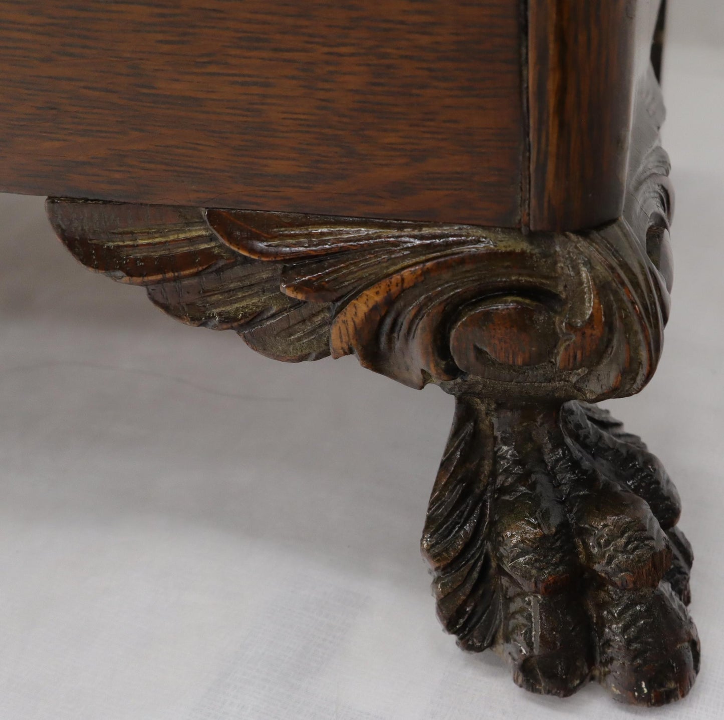 EstablishedLines Claw Feet Tiger Oak Double Door Bookcase Curio Cabinet Wallpaper Interior