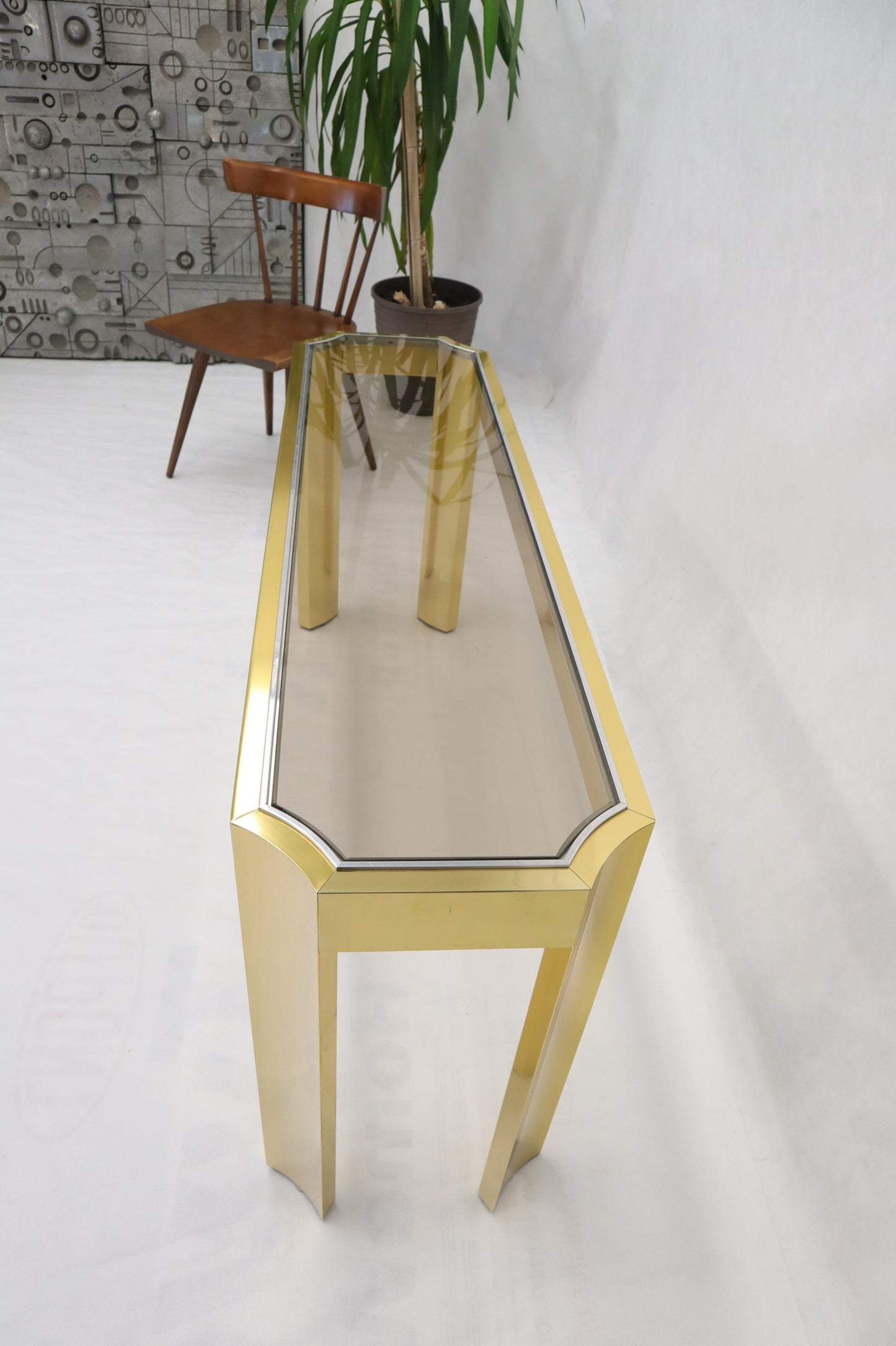 EstablishedLines Concave Leg Brass and Glass Top Rectangular Console Sofa Table