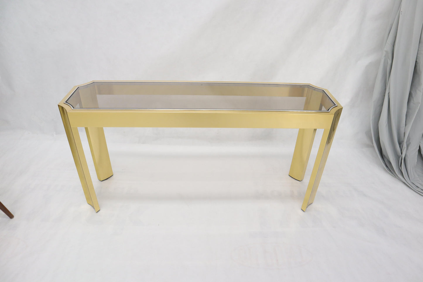EstablishedLines Concave Leg Brass and Glass Top Rectangular Console Sofa Table