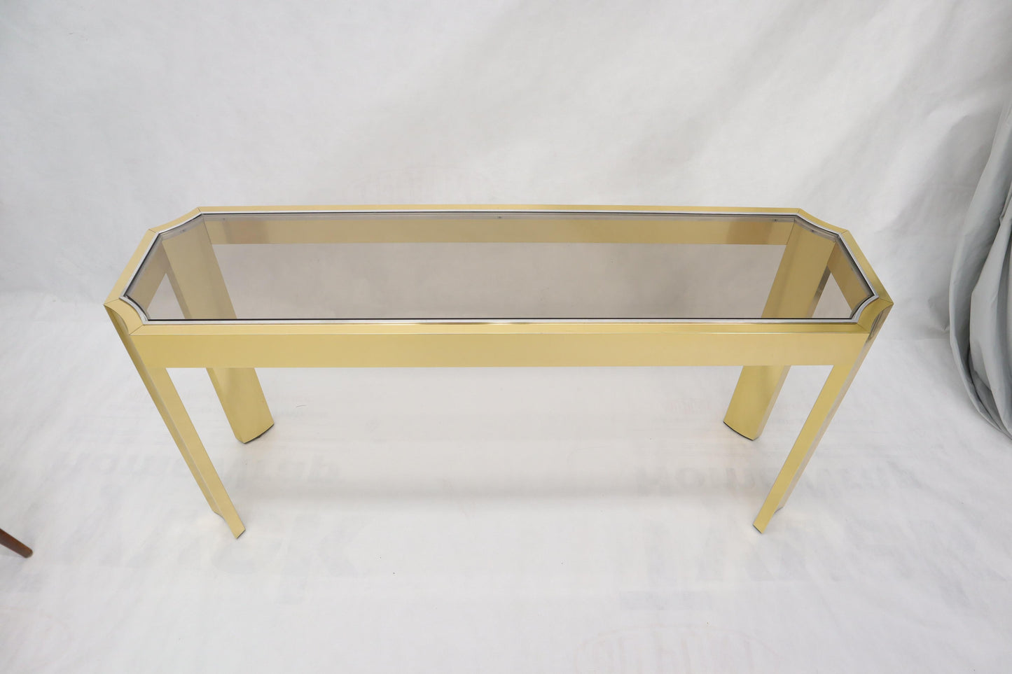 EstablishedLines Concave Leg Brass and Glass Top Rectangular Console Sofa Table