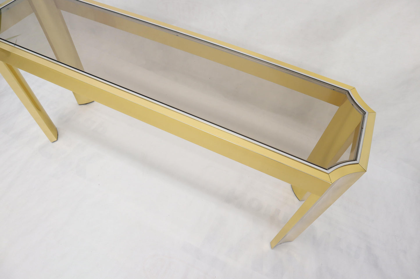EstablishedLines Concave Leg Brass and Glass Top Rectangular Console Sofa Table