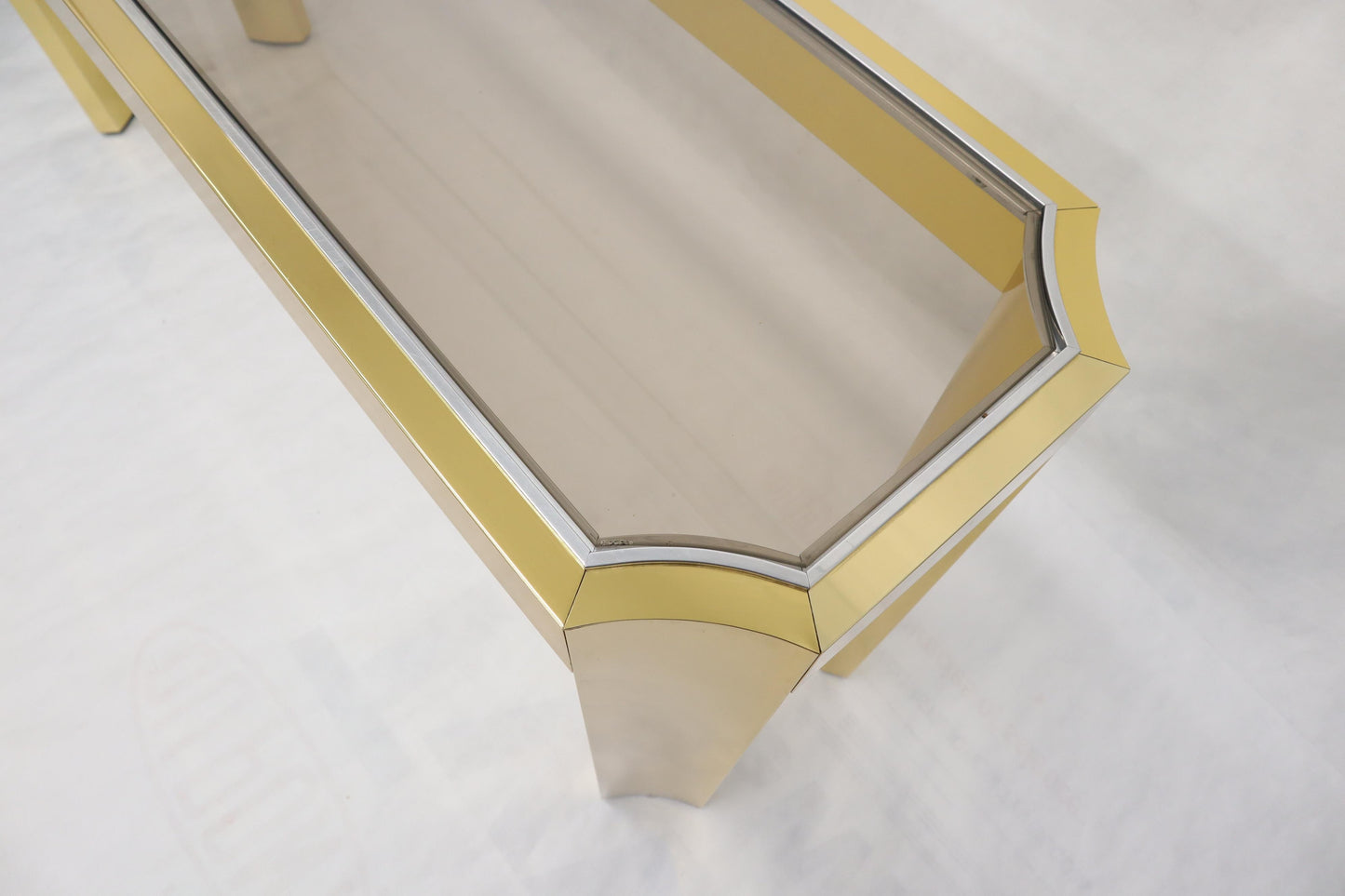 EstablishedLines Concave Leg Brass and Glass Top Rectangular Console Sofa Table