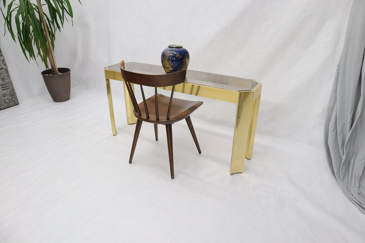 EstablishedLines Concave Leg Brass and Glass Top Rectangular Console Sofa Table