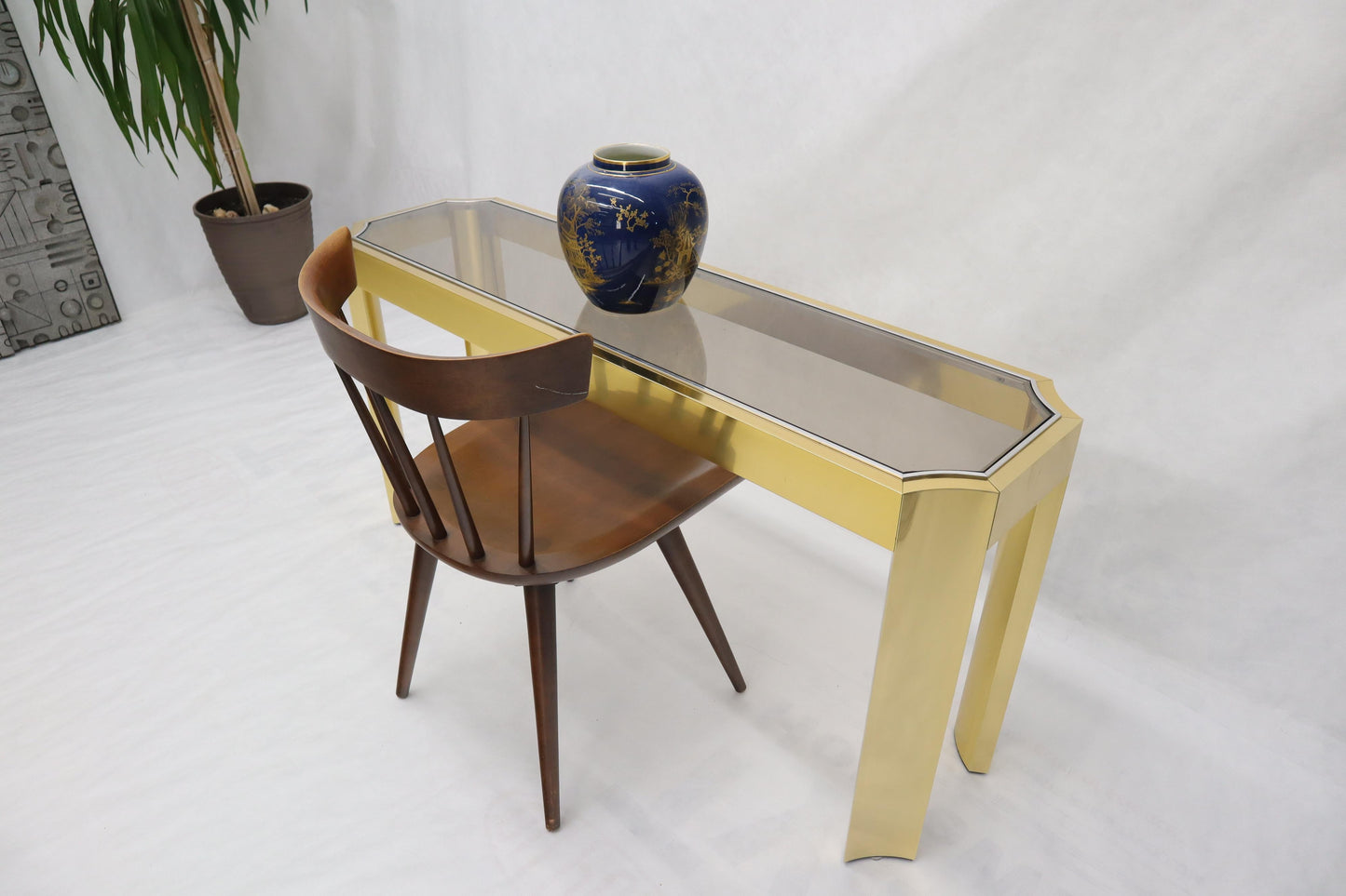 EstablishedLines Concave Leg Brass and Glass Top Rectangular Console Sofa Table