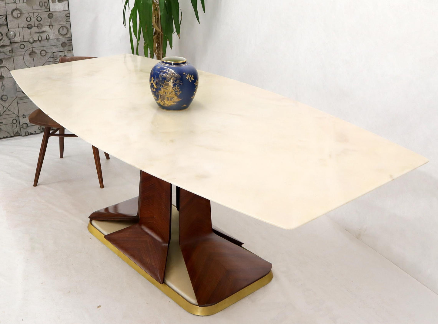 EstablishedLines Boat Shape Light Beige Marble Top Bent Satinwood Base Art Deco Dining Table