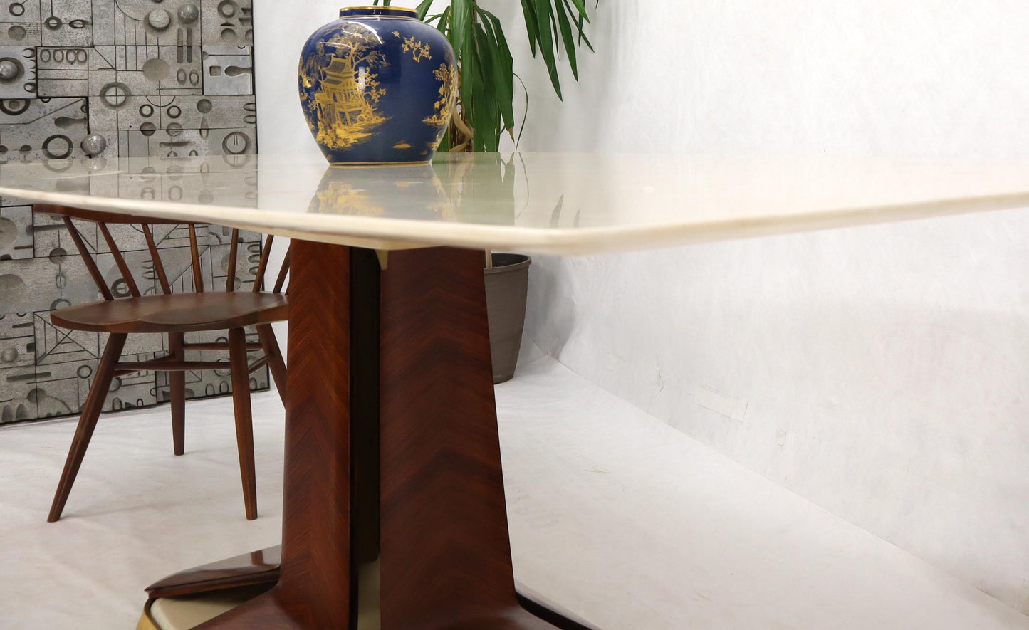 EstablishedLines Boat Shape Light Beige Marble Top Bent Satinwood Base Art Deco Dining Table