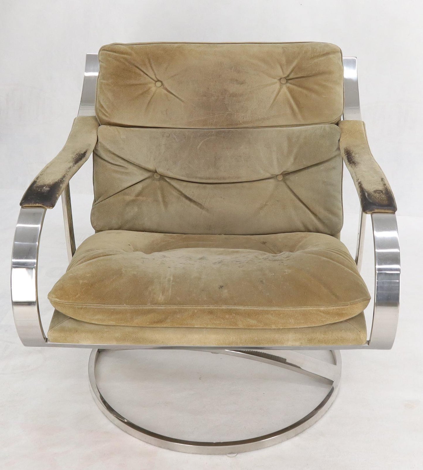 EstablishedLines Heavy Gage Polished Stainless Steel Swivel Base Suede Upholstery Lounge Chair