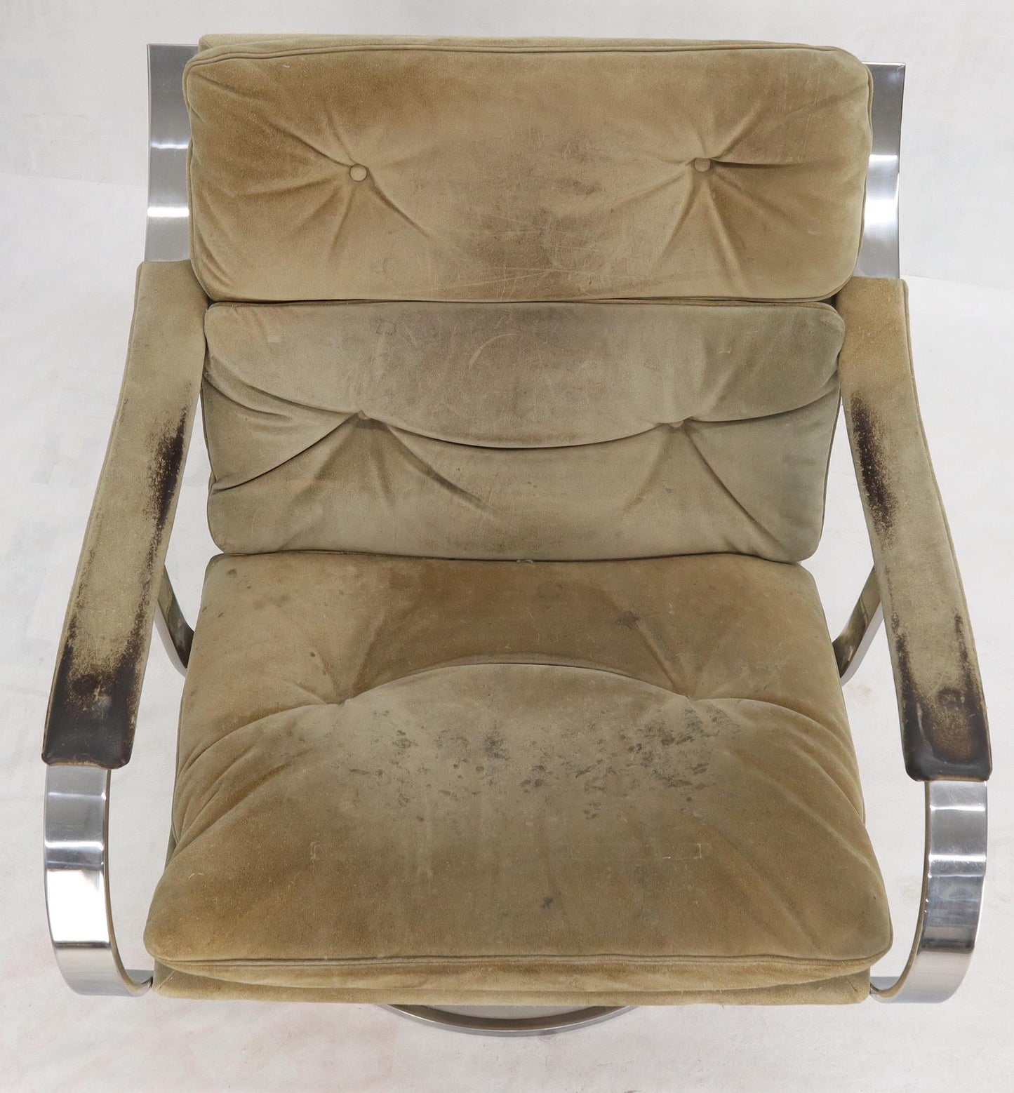 EstablishedLines Heavy Gage Polished Stainless Steel Swivel Base Suede Upholstery Lounge Chair