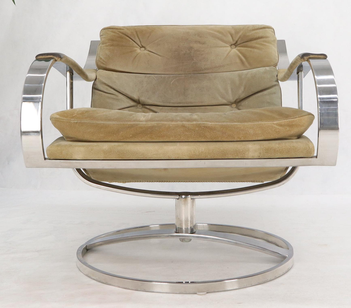 EstablishedLines Heavy Gage Polished Stainless Steel Swivel Base Suede Upholstery Lounge Chair