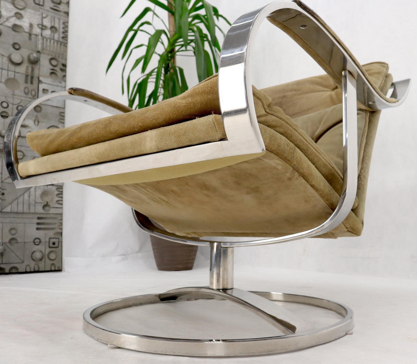 EstablishedLines Heavy Gage Polished Stainless Steel Swivel Base Suede Upholstery Lounge Chair