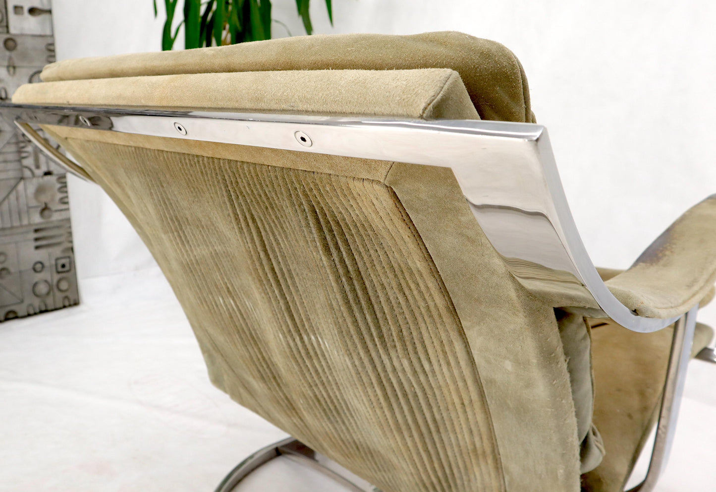 EstablishedLines Heavy Gage Polished Stainless Steel Swivel Base Suede Upholstery Lounge Chair