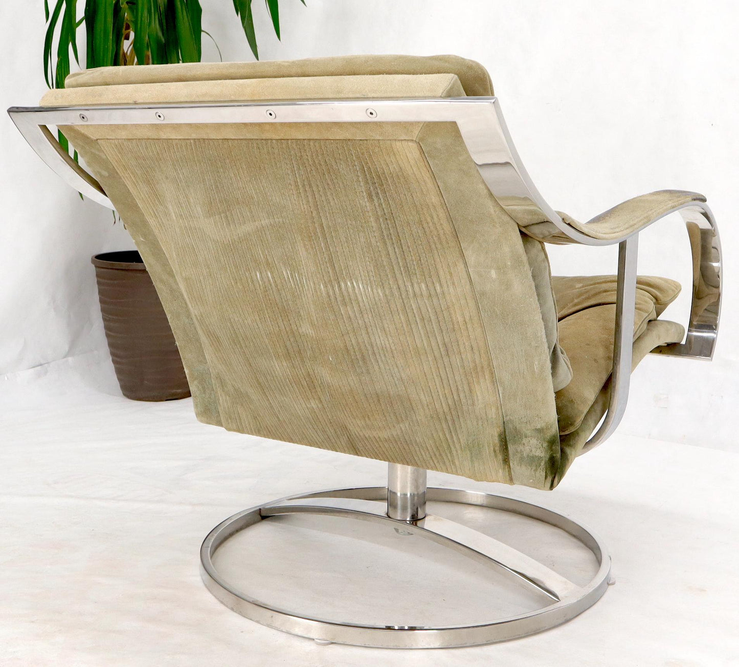 EstablishedLines Heavy Gage Polished Stainless Steel Swivel Base Suede Upholstery Lounge Chair