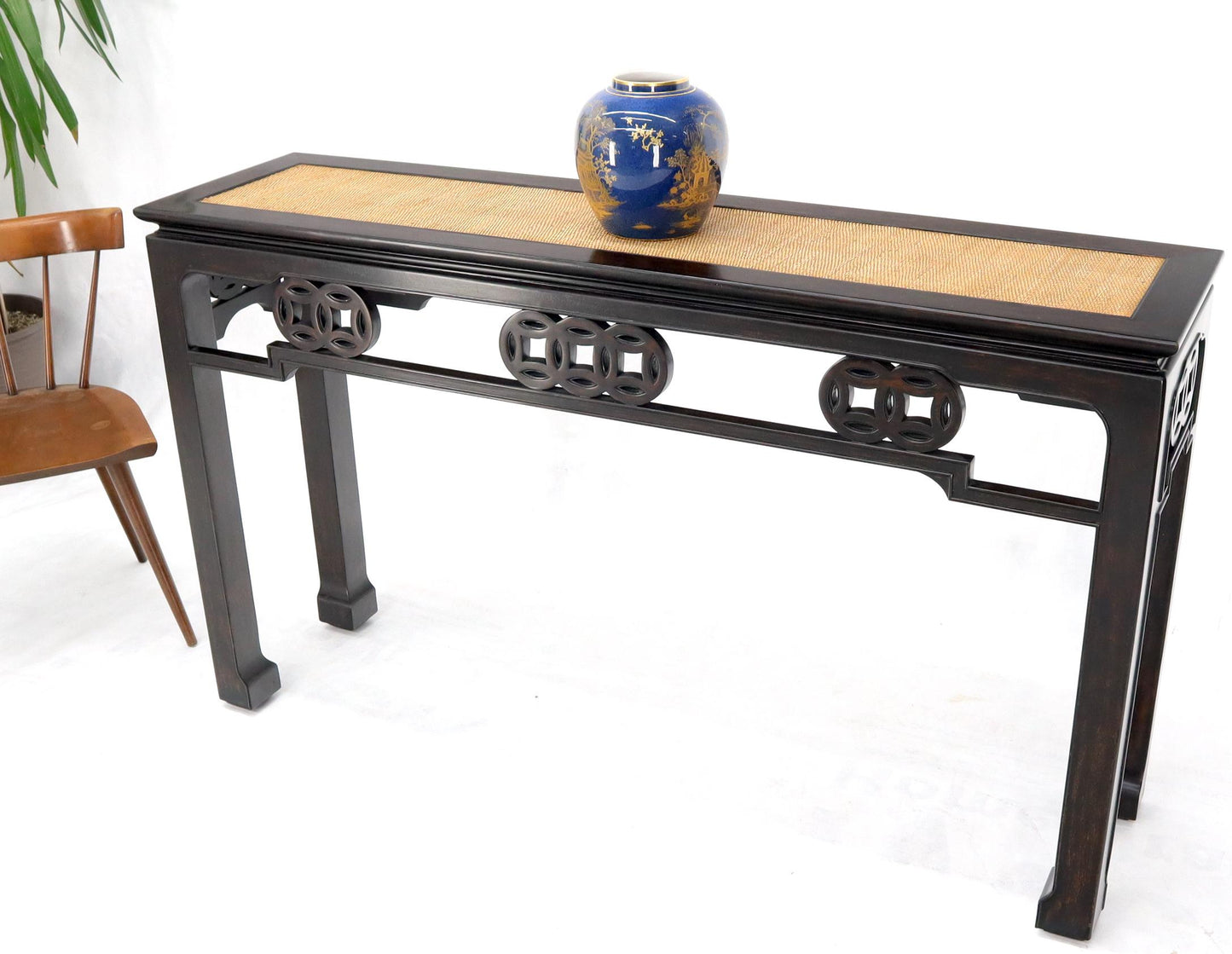 EstablishedLines Ebonized Mahogany Cane Top Asian Influence Console Table