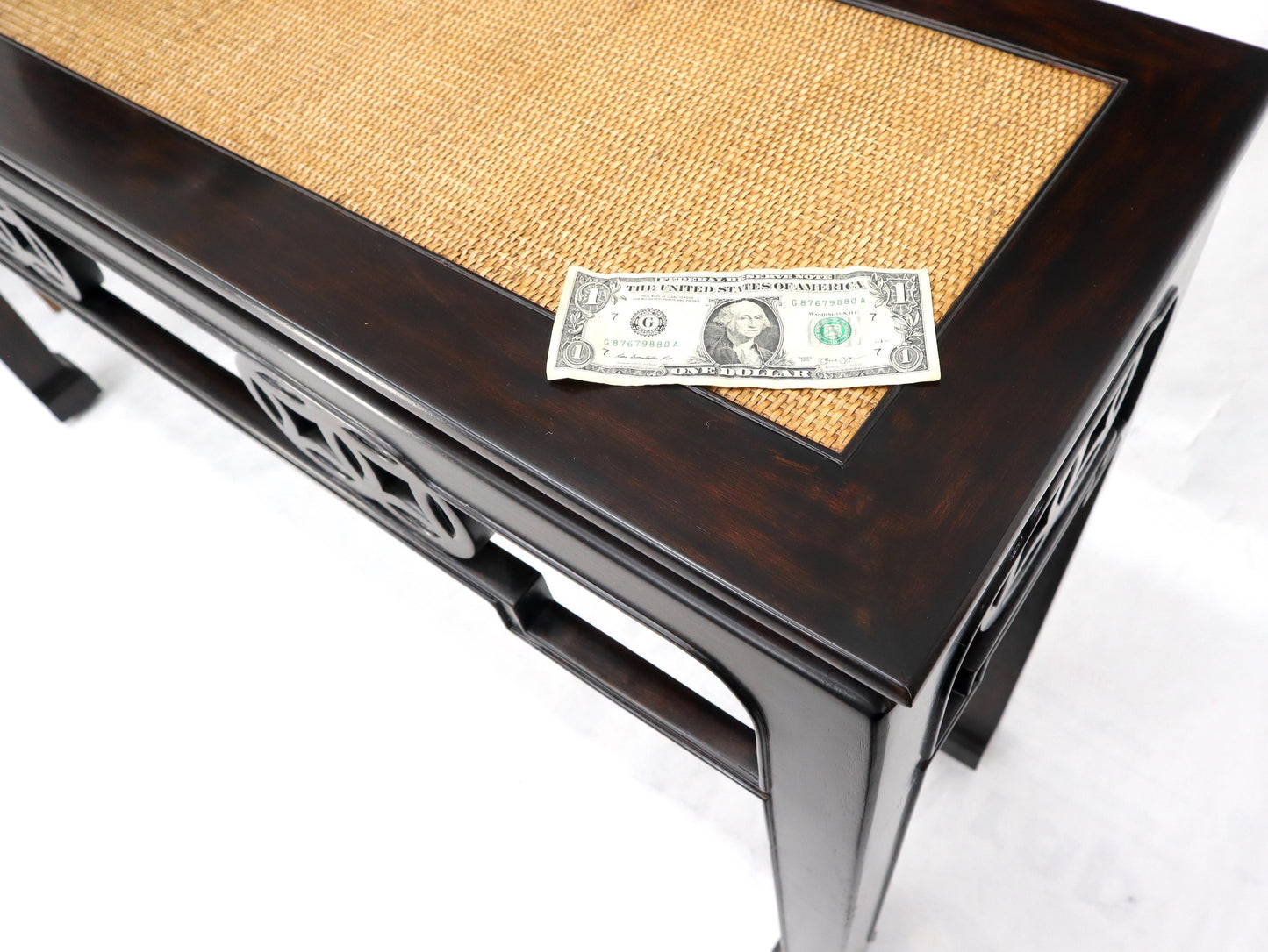 EstablishedLines Ebonized Mahogany Cane Top Asian Influence Console Table