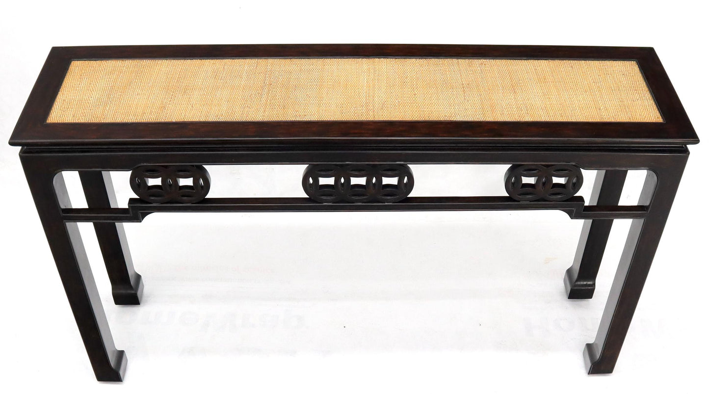 EstablishedLines Ebonized Mahogany Cane Top Asian Influence Console Table