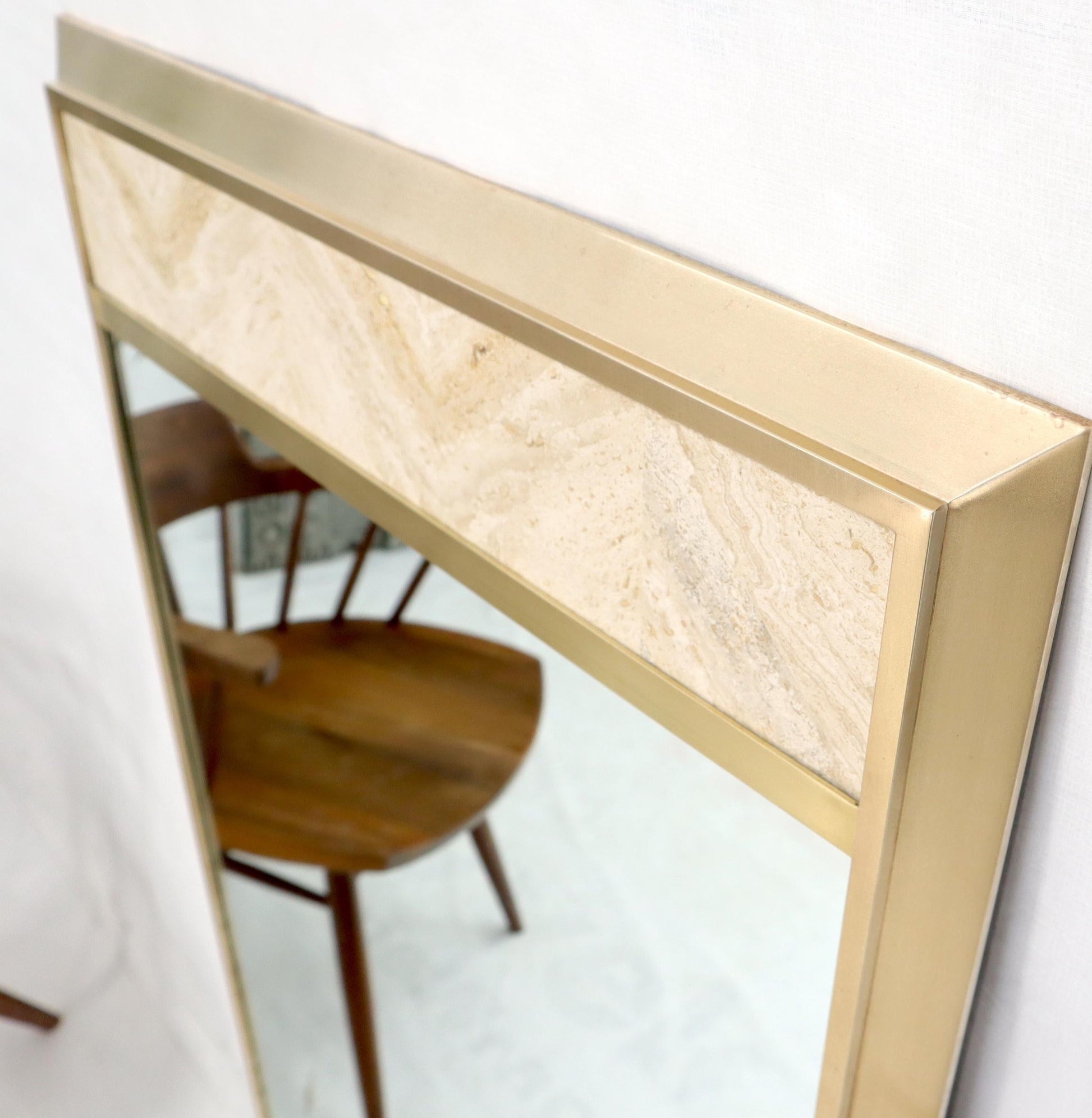 EstablishedLines Beveled Solid Brass Travertine Insert Frame Mid-Century Modern Wall Mirror