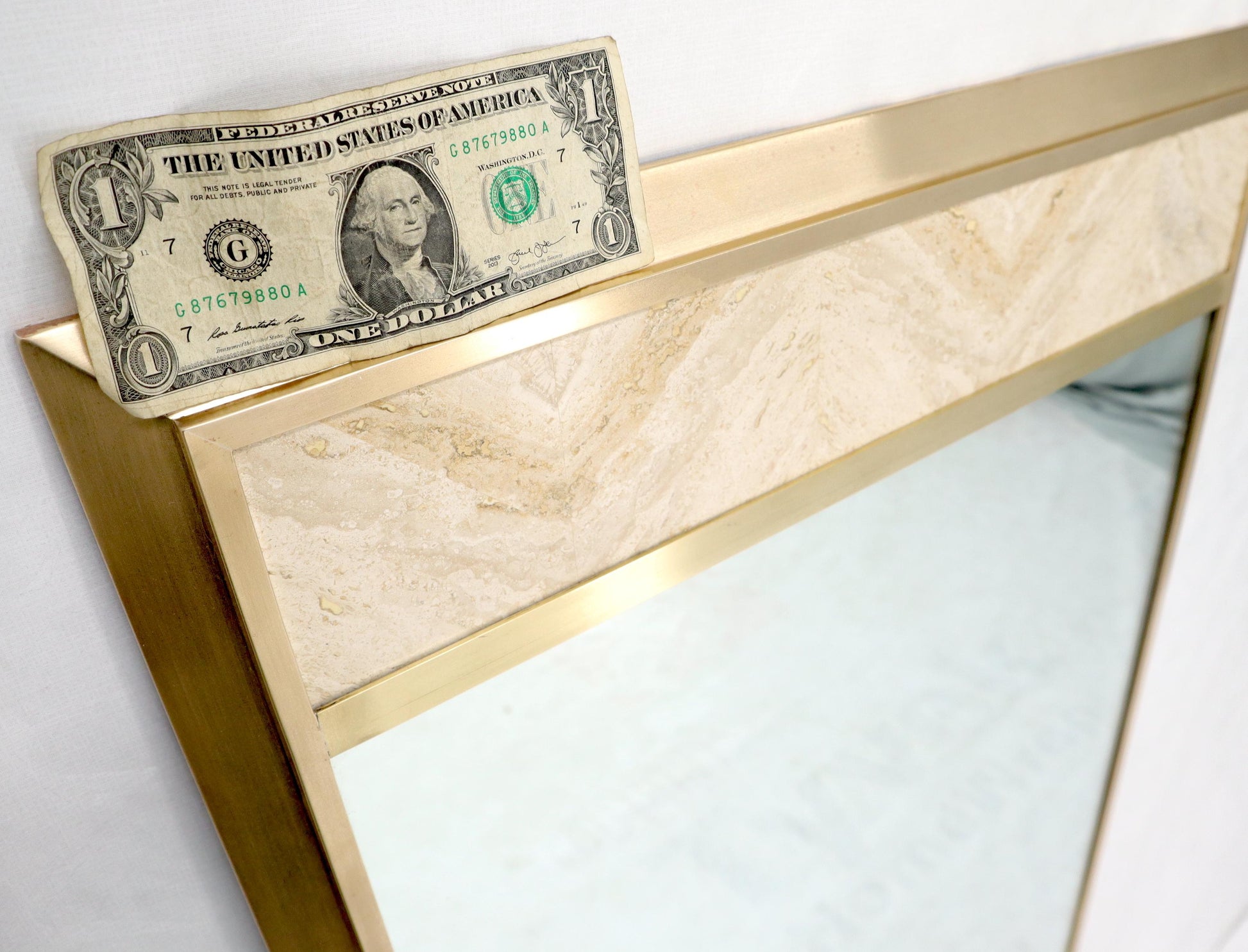 EstablishedLines Beveled Solid Brass Travertine Insert Frame Mid-Century Modern Wall Mirror