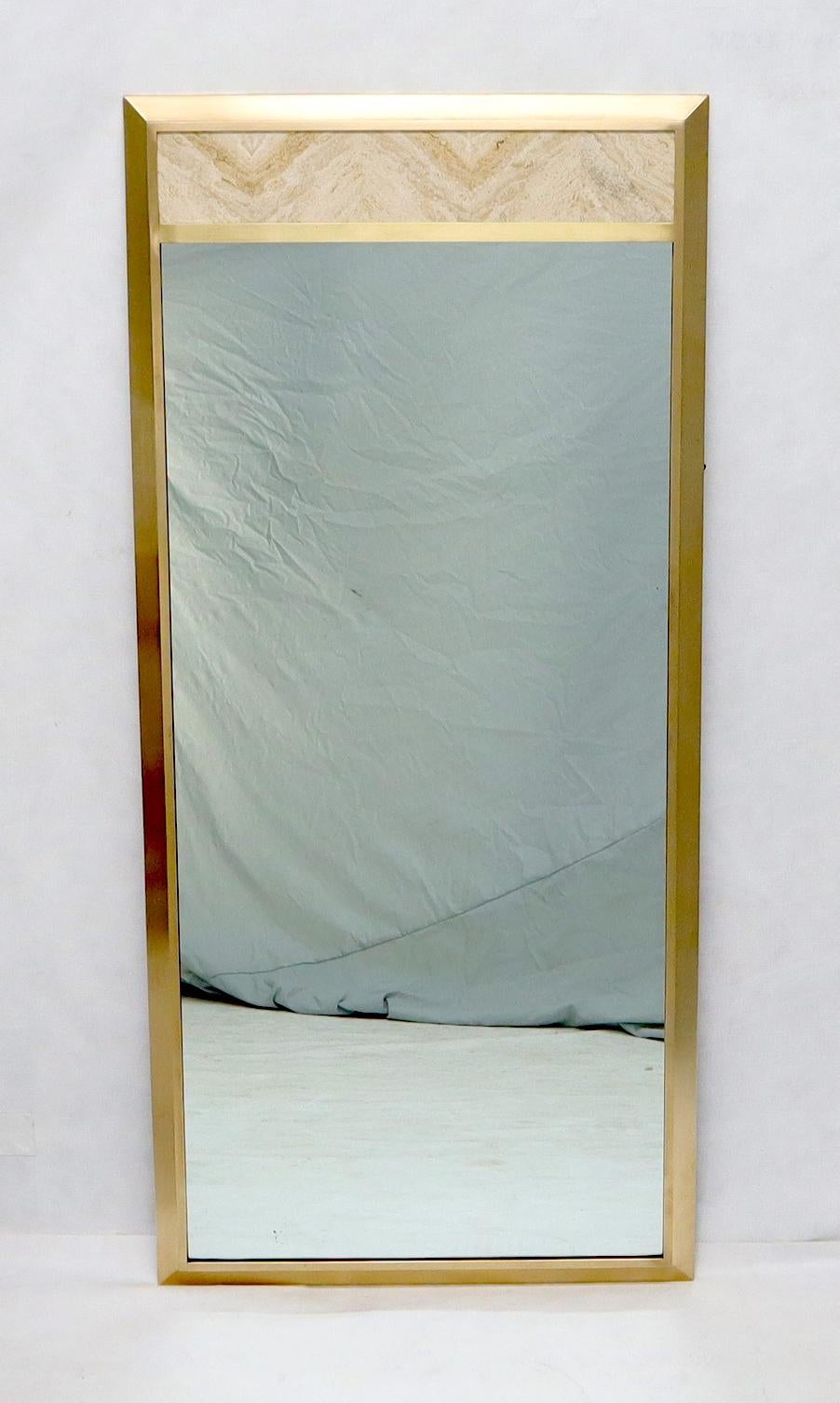 EstablishedLines Beveled Solid Brass Travertine Insert Frame Mid-Century Modern Wall Mirror